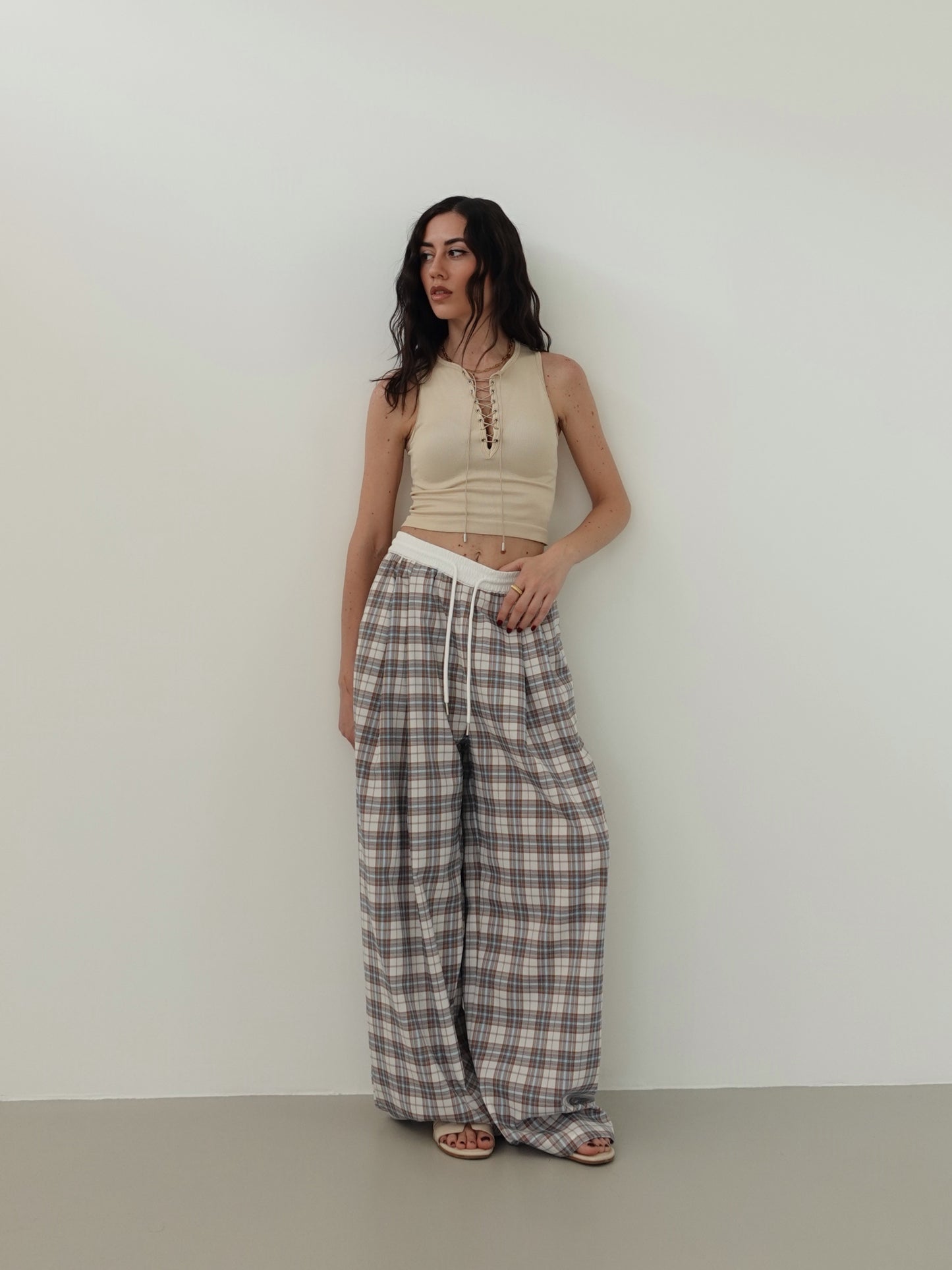 PANTALONI A QUADRI WIDE LEG - BEIGE/AZZURRO 17302