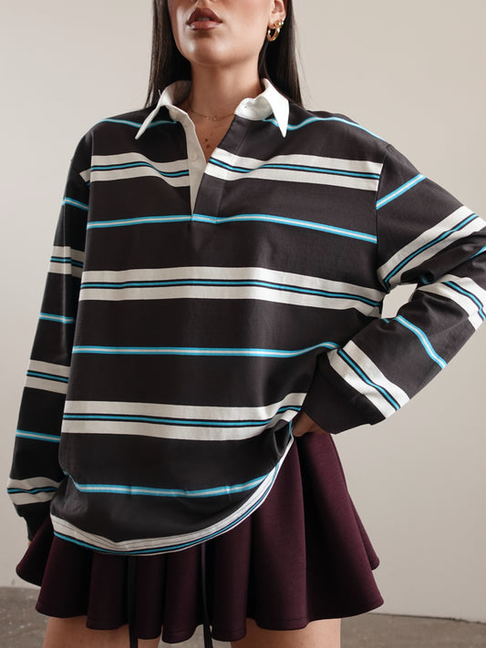 POLO A RIGHE CON COLLETTO A CONTRASTO - GRIGIO/AZZURRO  839-5