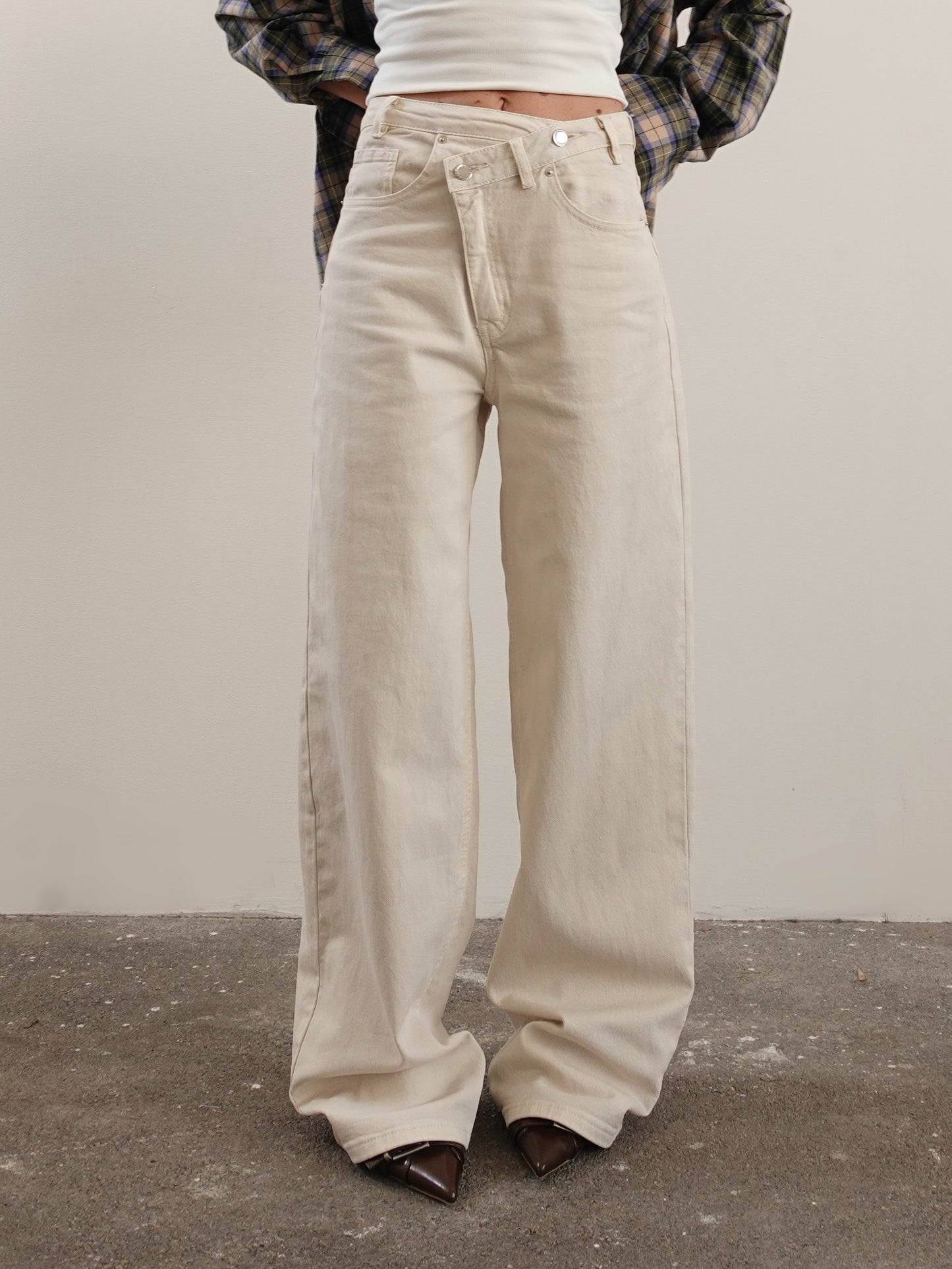 JEANS VITA ASIMMETRICA WIDE LEG - BEIGE 3581
