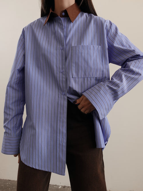 CAMICIA A RIGHE CON COLLETTO A CONTRASTO - AZZURRO/MARRONE 5073