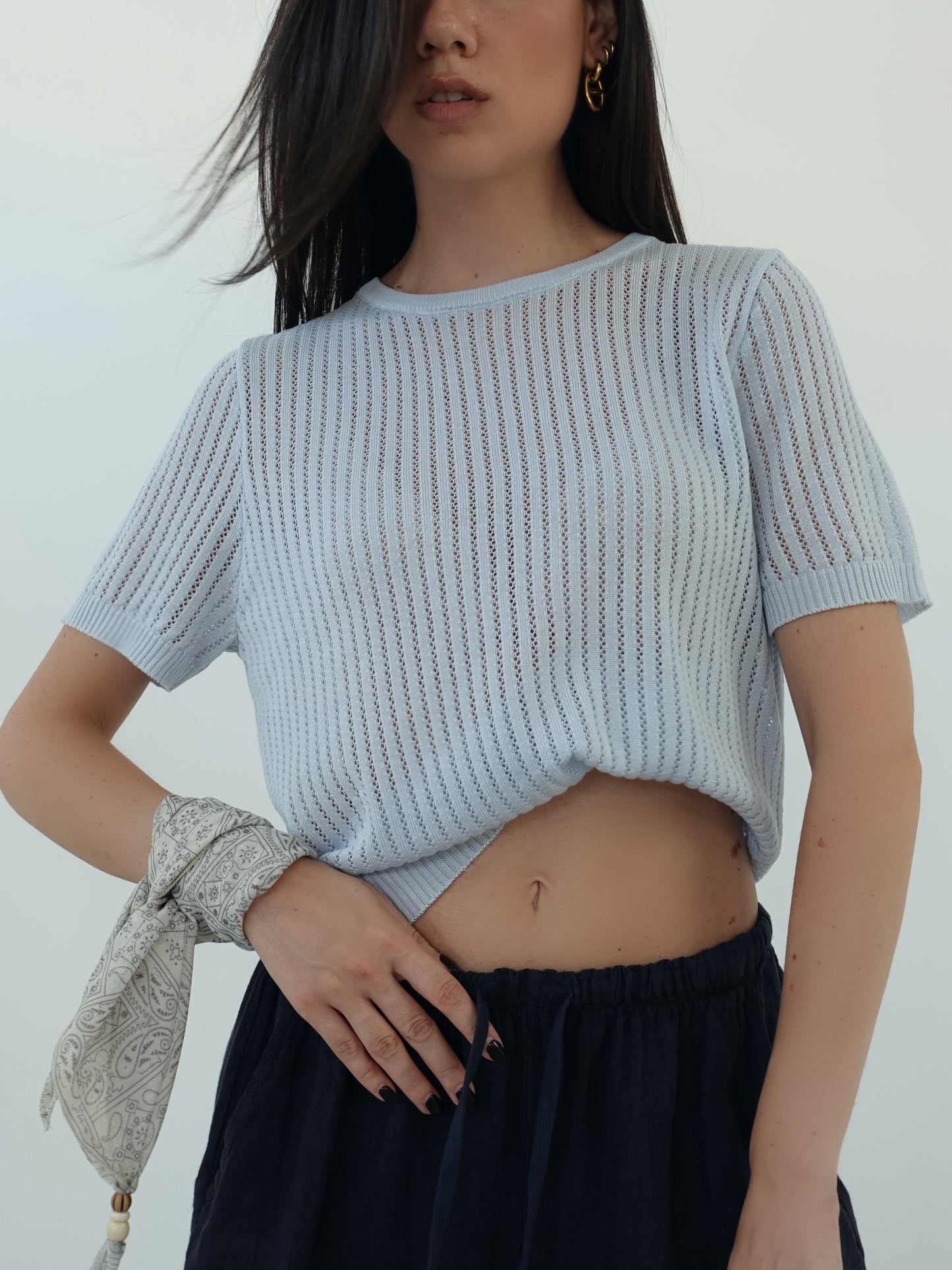 T-SHIRT IN FILO CON FOULARD - CIELO 3105
