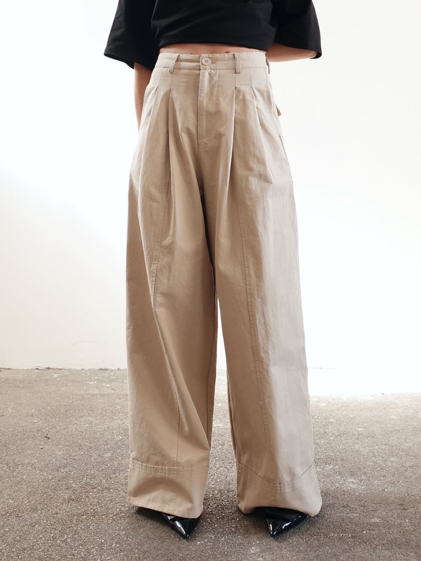 PANTALONI IN COTONE A PALAZZO CON CINTURA - BEIGE 14740
