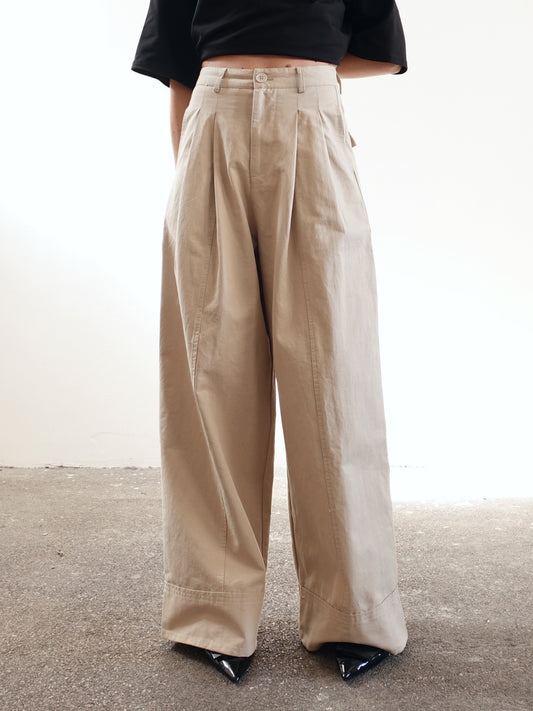 PANTALONI IN COTONE A PALAZZO CON CINTURA - BEIGE 14740