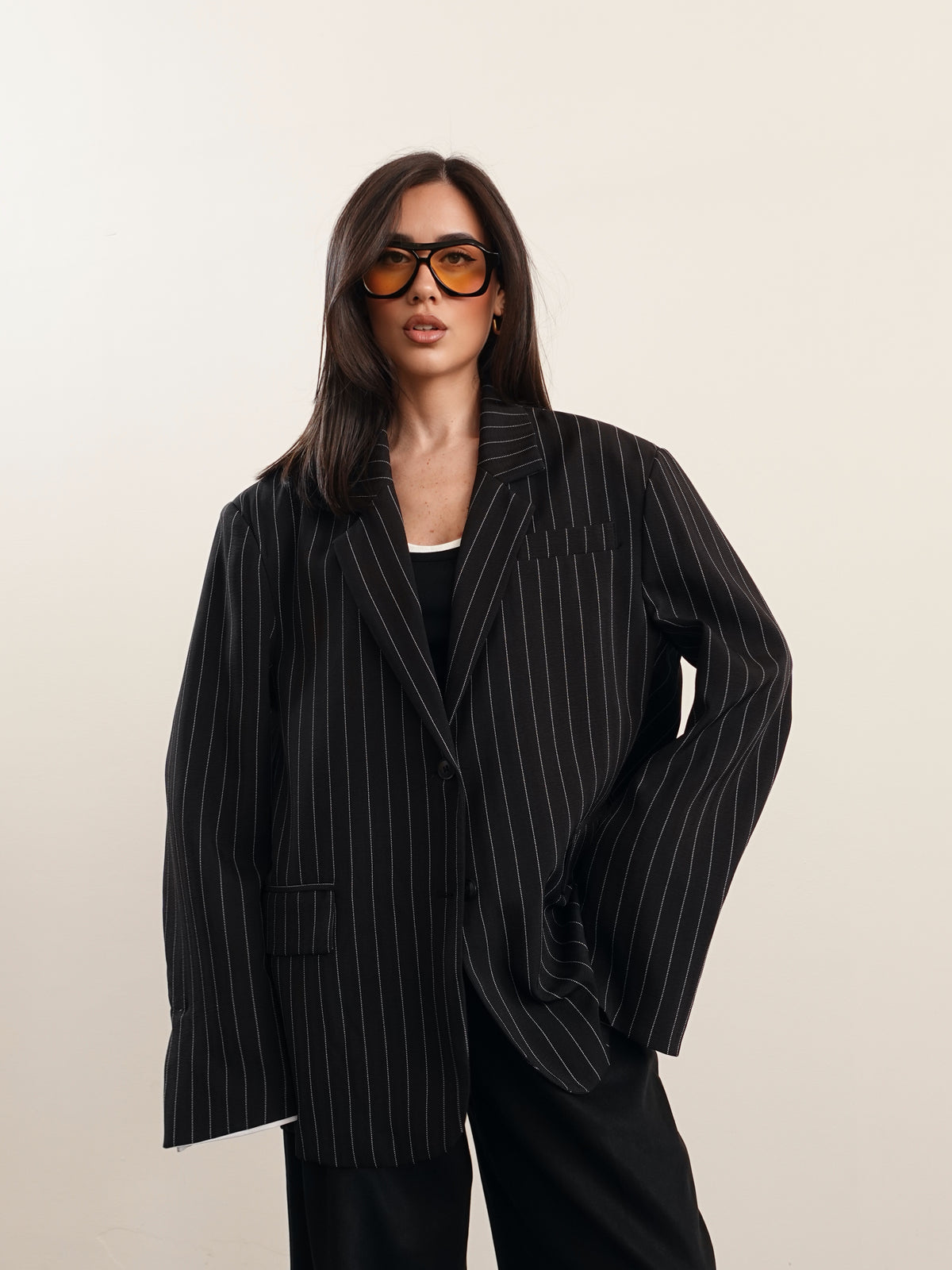 BLAZER GESSATO CON RISVOLTO A CONTRASTO - NERO 3141