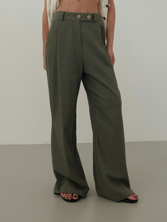 PANTALONI MISTO LINO/VISCOSA - VERDE OLIVA 5845