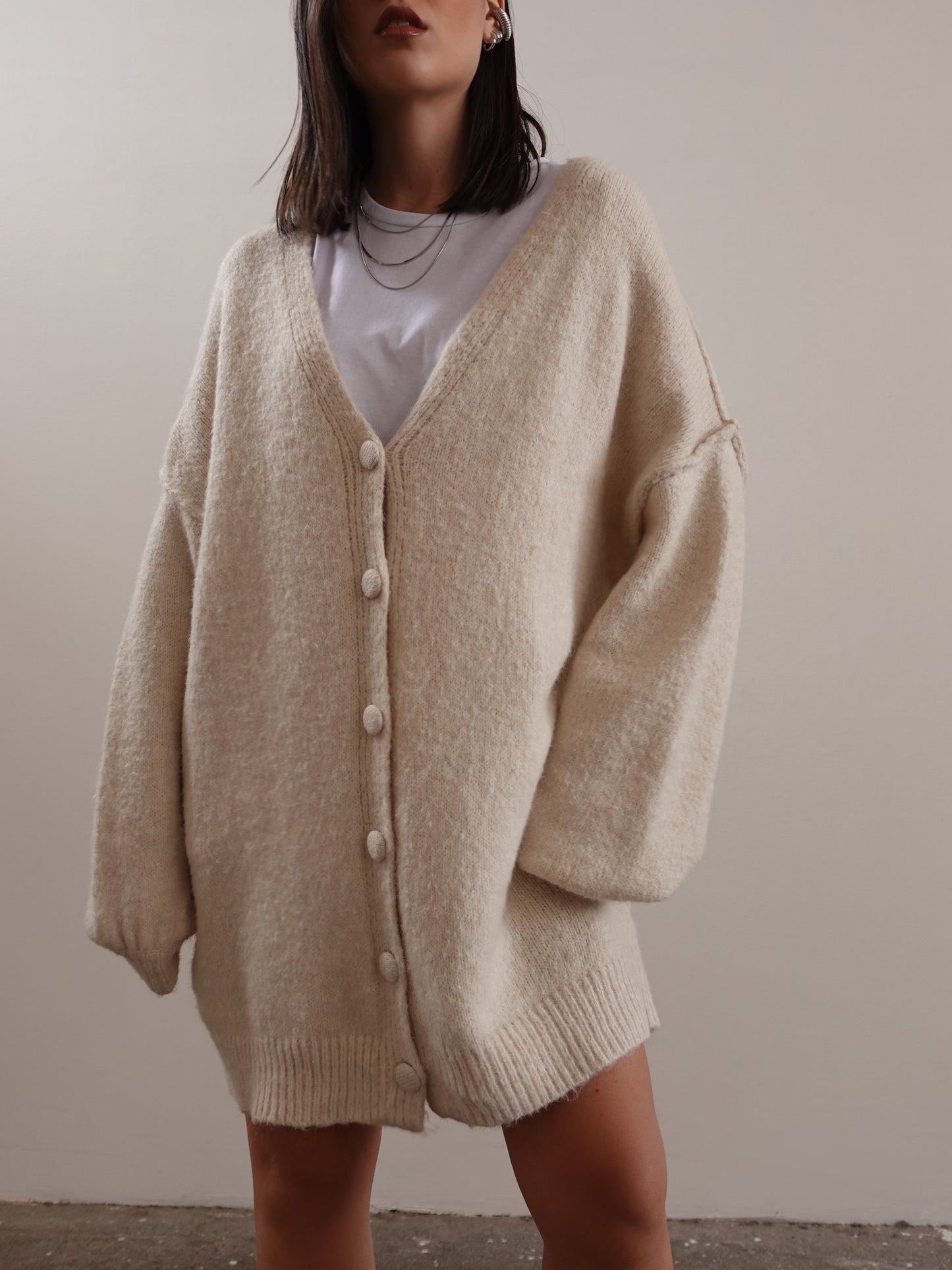 CARDIGAN OVERSIZE CON MANICHE A PALLONCINO - BURRO 50295