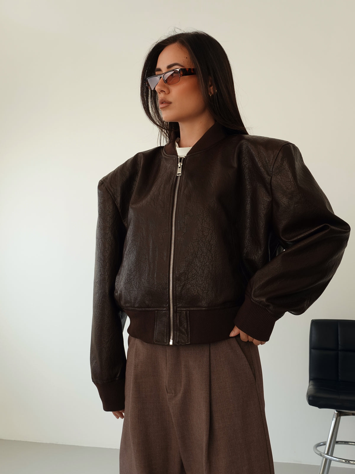 BOMBER IN ECOPELLE CON SPALLINE - CIOCCOLATO 13953