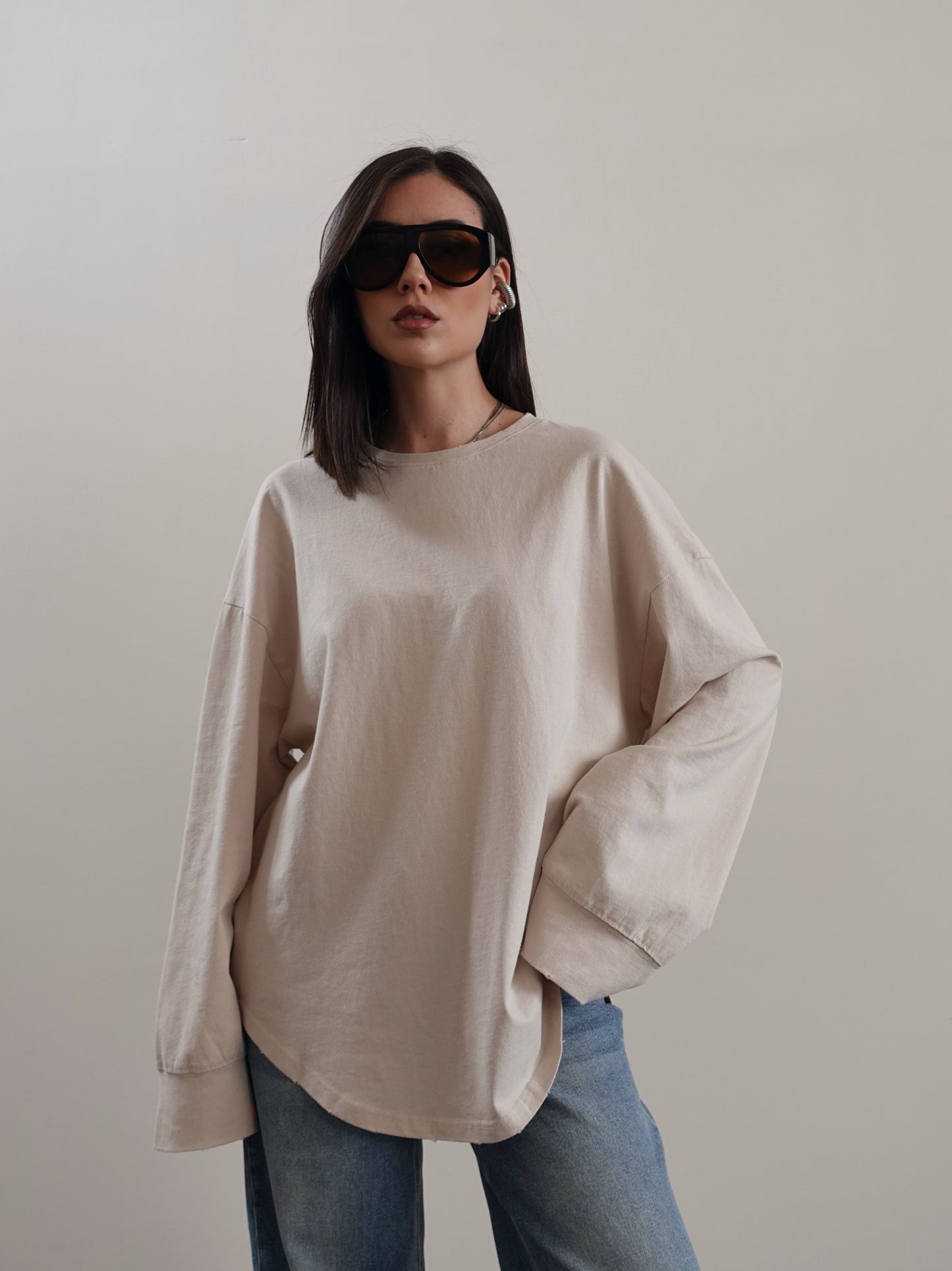 OVERSIZED LONG SLEEVE T-SHIRT - BEIGE 5187