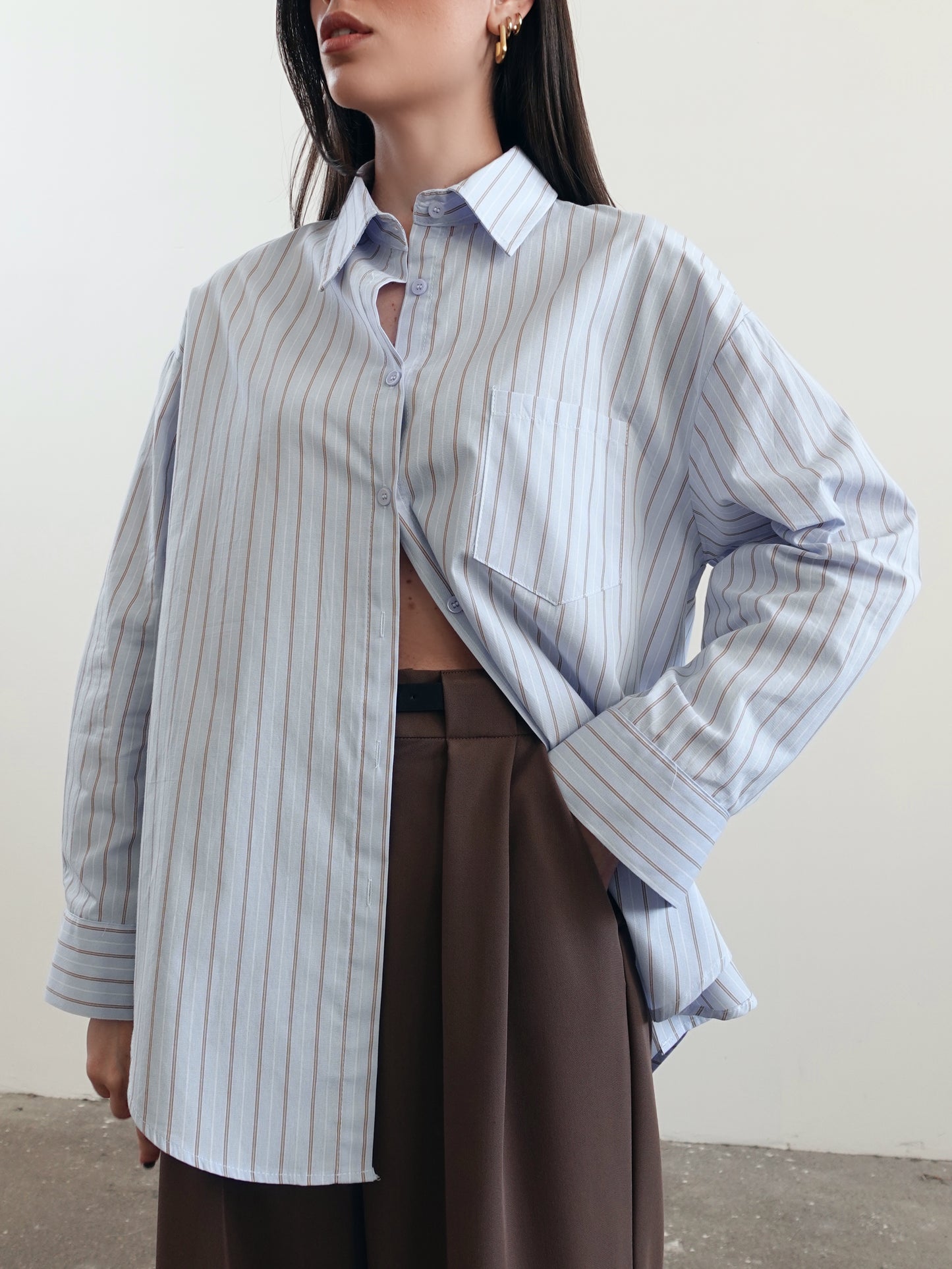 CAMICIA OVERSIZE A RIGHE - AZZURRO/CAMEL 17216