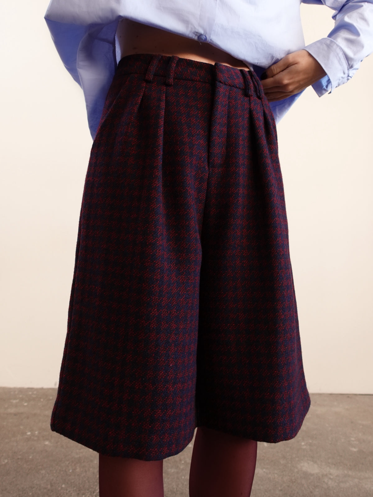 BERMUDA PIED DE POULE IN LANA - BORDEAUX/BLU 5978