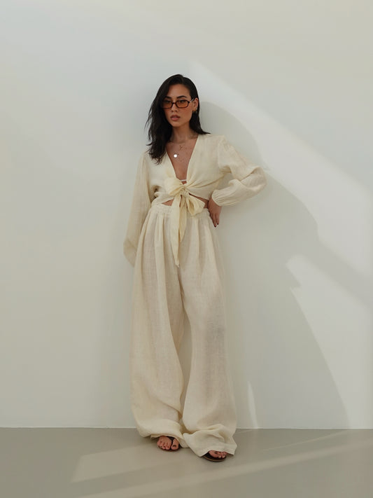 PANTALONI GAMBA AMPIA CON LACCETTI IN 100% LINO - BURRO 6978