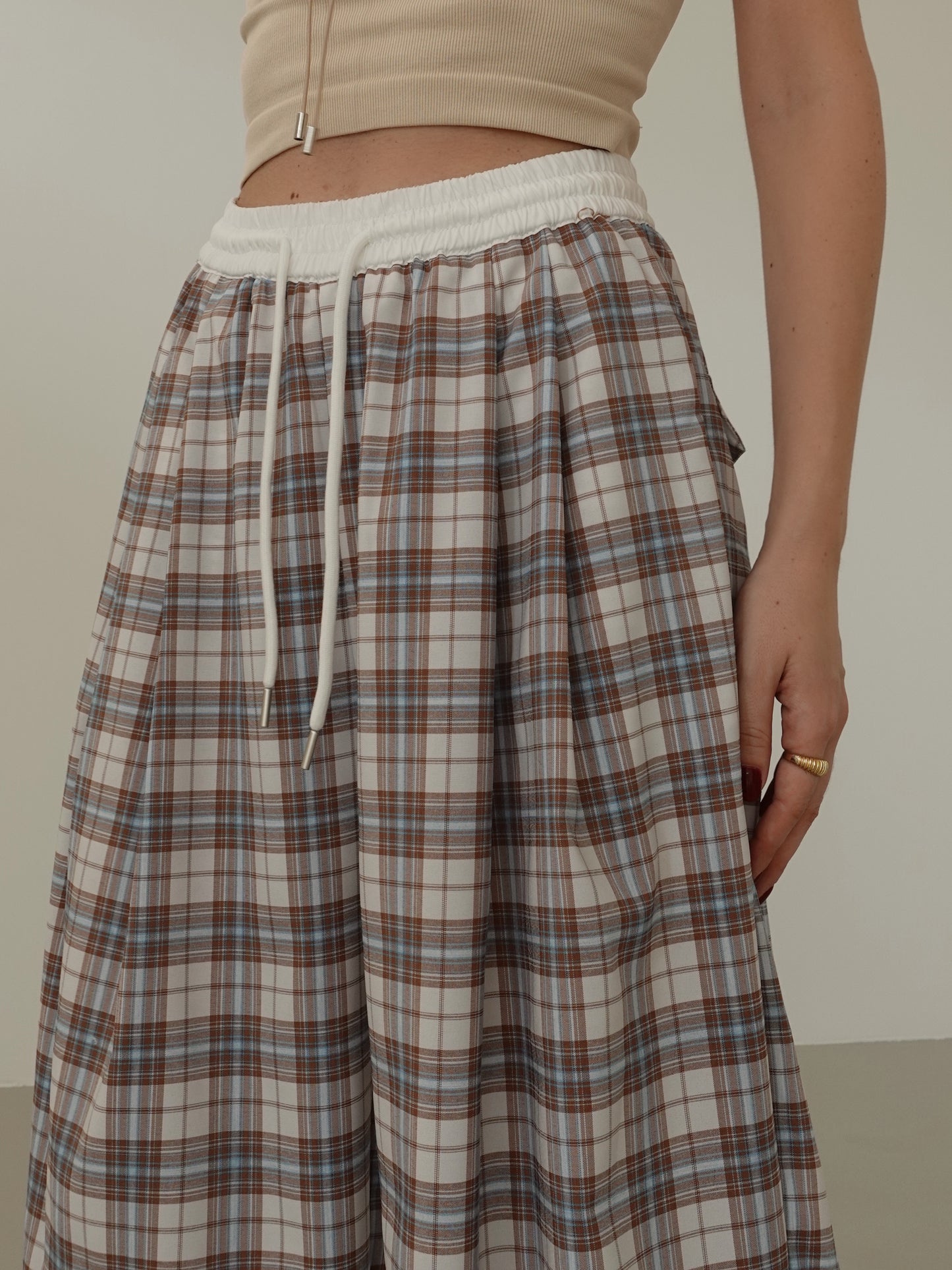 PANTALONI A QUADRI WIDE LEG - BEIGE/AZZURRO 17302