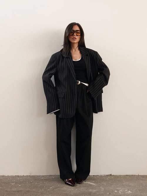 BLAZER GESSATO CON RISVOLTO A CONTRASTO - NERO 3141