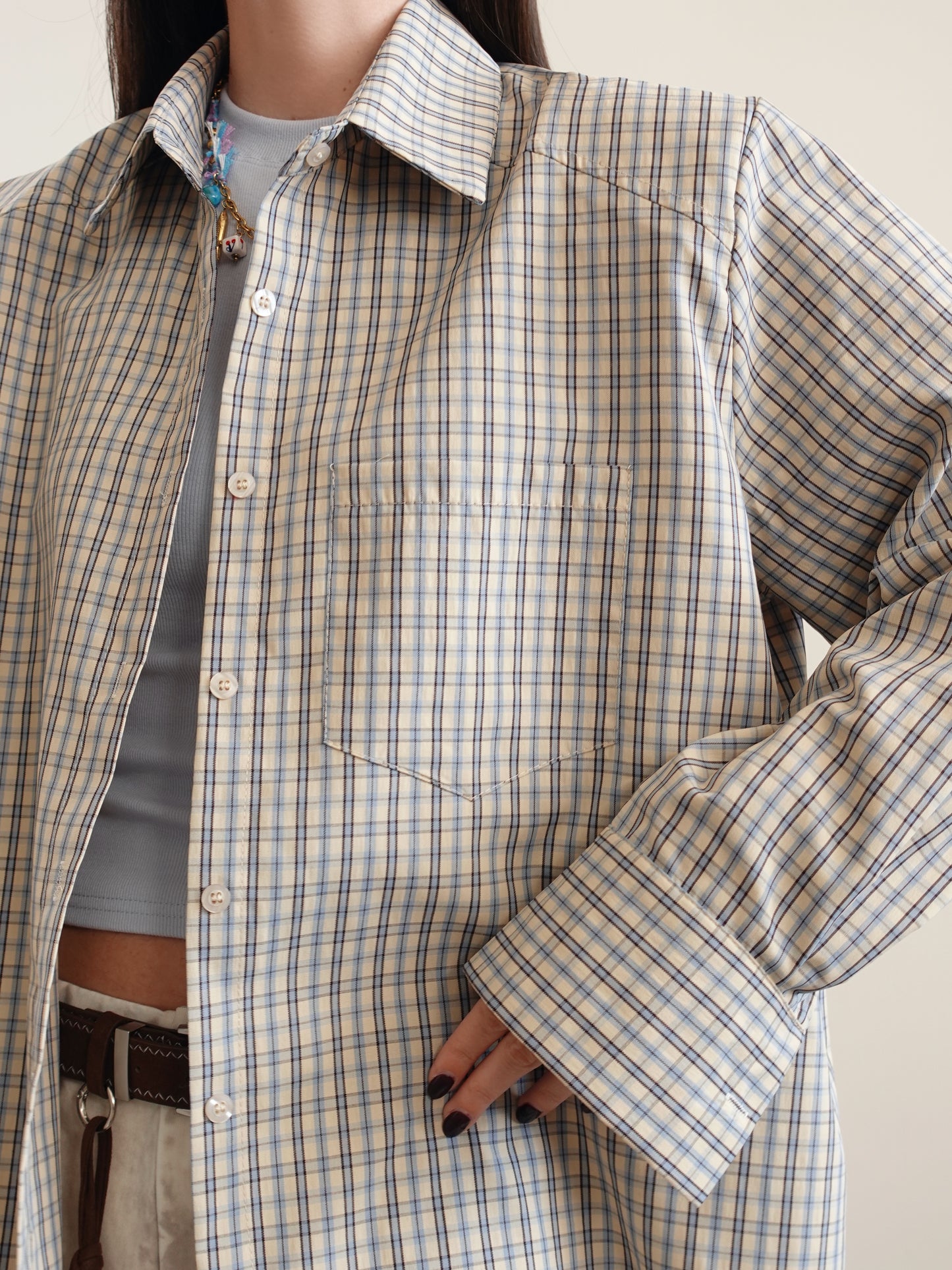 CAMICIA IN COTONE A QUADRI CON SPALLINE - AZZURRO/BEIGE