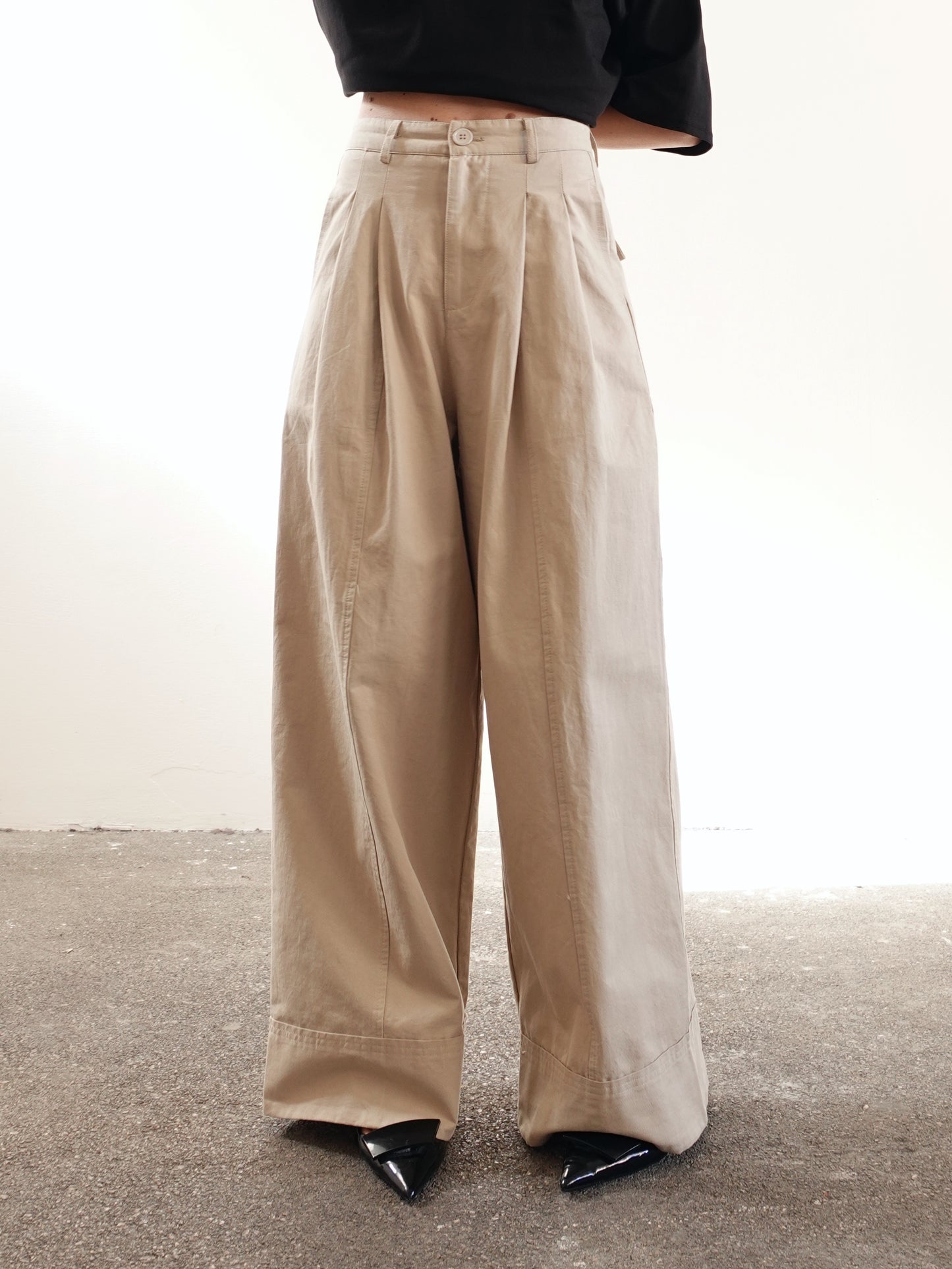 PANTALONI IN COTONE A PALAZZO CON CINTURA - BEIGE 14740