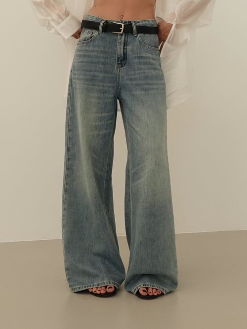 JEANS WIDE LEG SABBIATO CON CINTURA - LAVAGGIO MEDIO 66381
