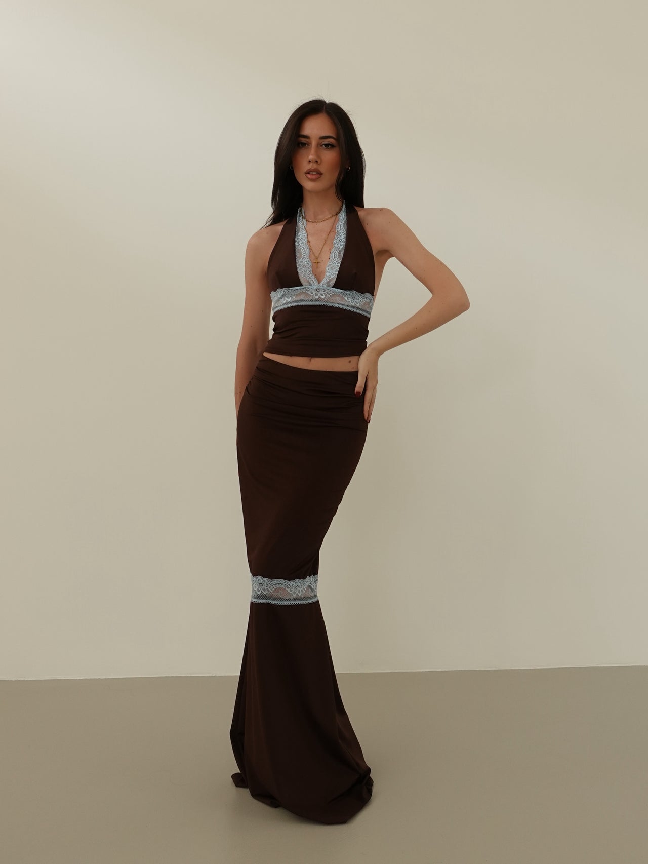 COORDINATO CHARLIZE CON DETTAGLI IN PIZZO - CIOCCOLATO/AZZURRO 6049