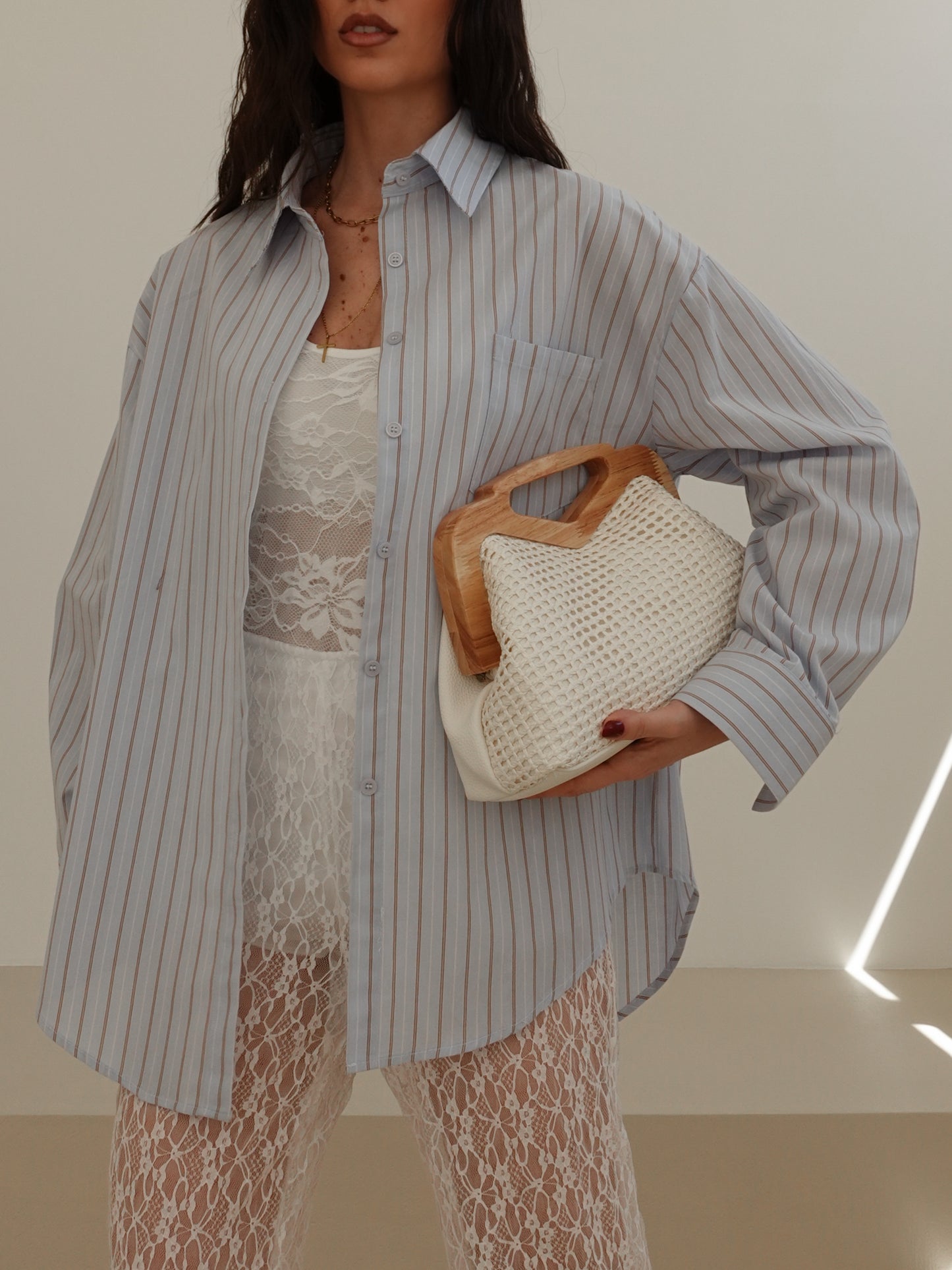 CAMICIA OVERSIZE A RIGHE - AZZURRO/CAMEL 17216