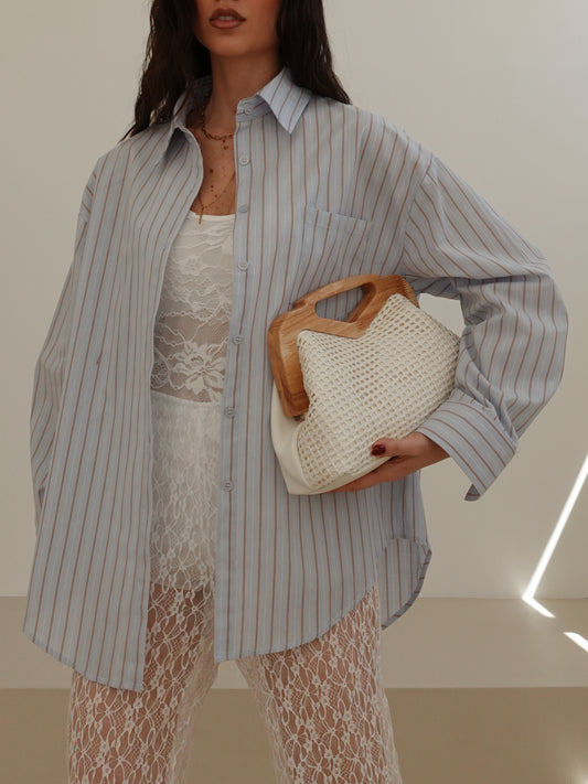 CAMICIA OVERSIZE A RIGHE - AZZURRO/CAMEL 17216