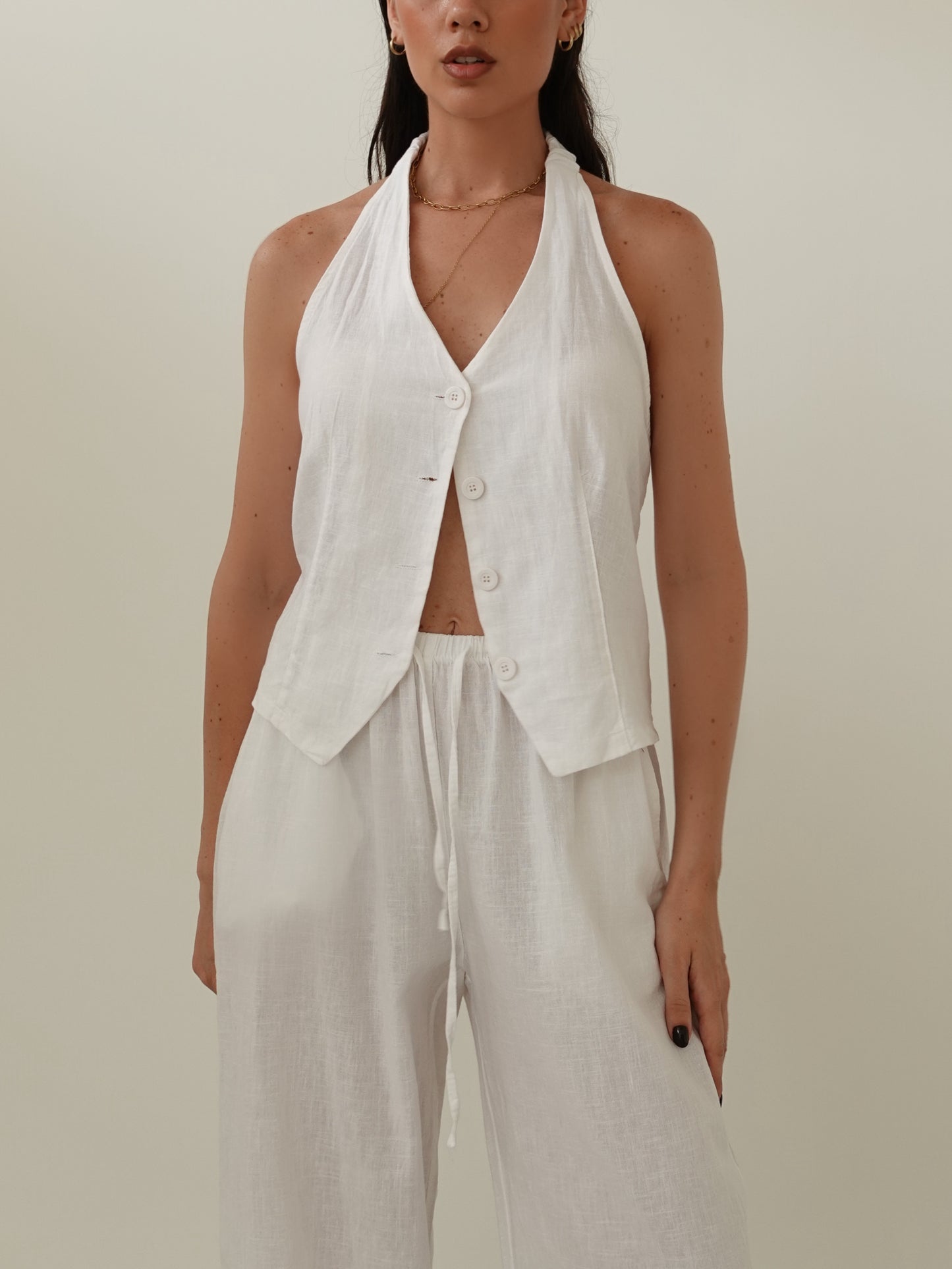 COORDINATO MISTO LINO CON BOTTONCINI - BIANCO 1363/65