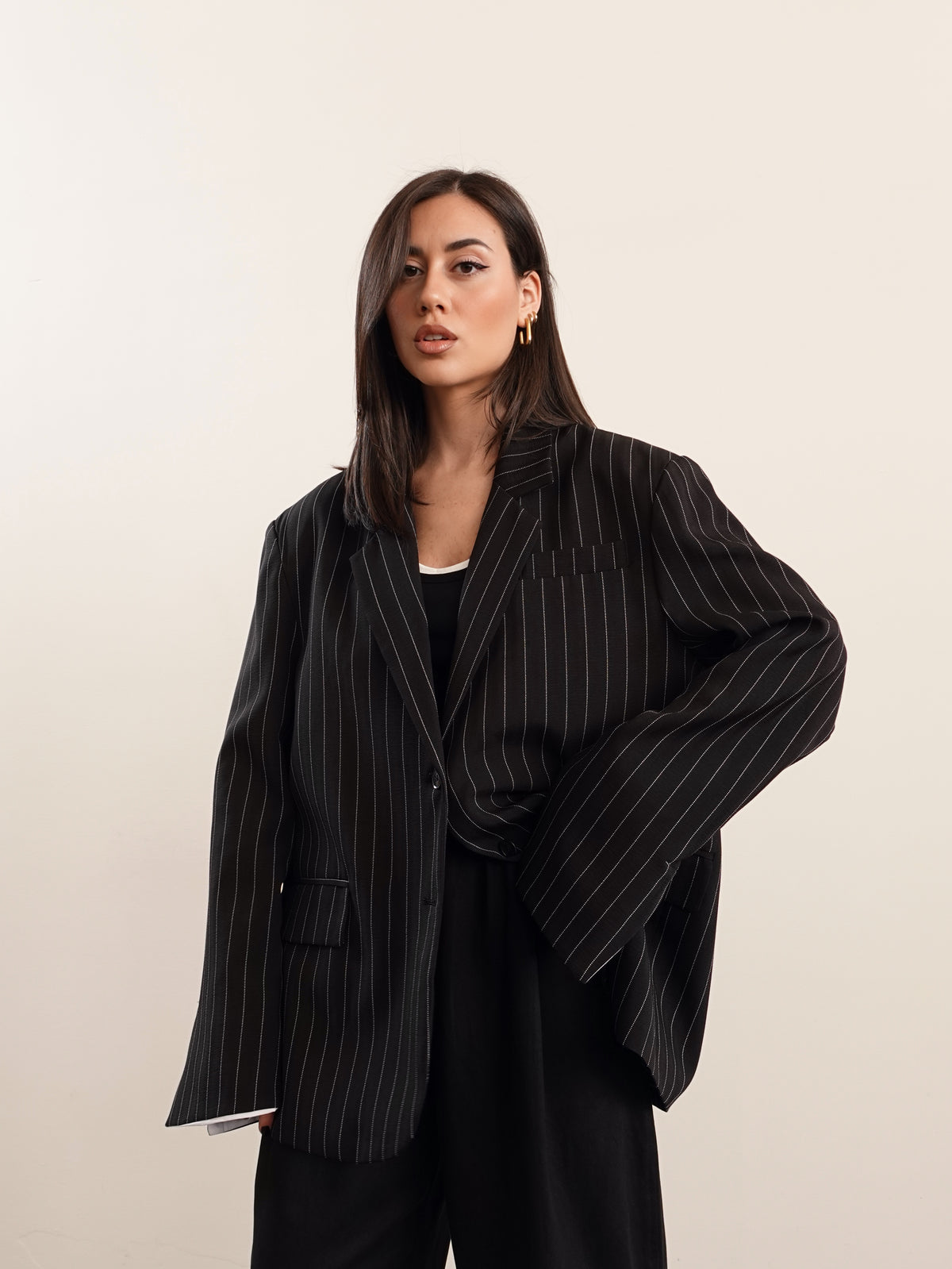 BLAZER GESSATO CON RISVOLTO A CONTRASTO - NERO 3141