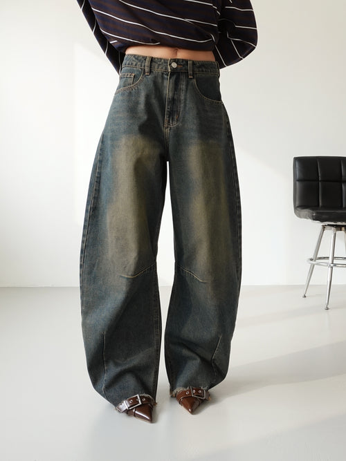 JEANS SABBIATO BALLOON FIT CON FONDO SFRANGIATO - DENIM SCURO 32265