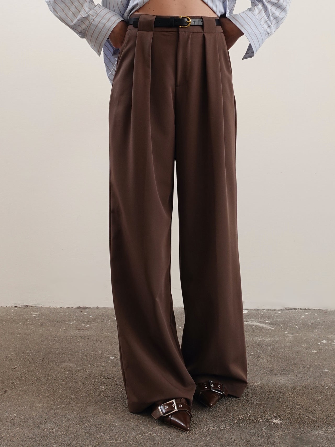PANTALONI WIDE LEG CON CINTURA - CAFFE' 16088