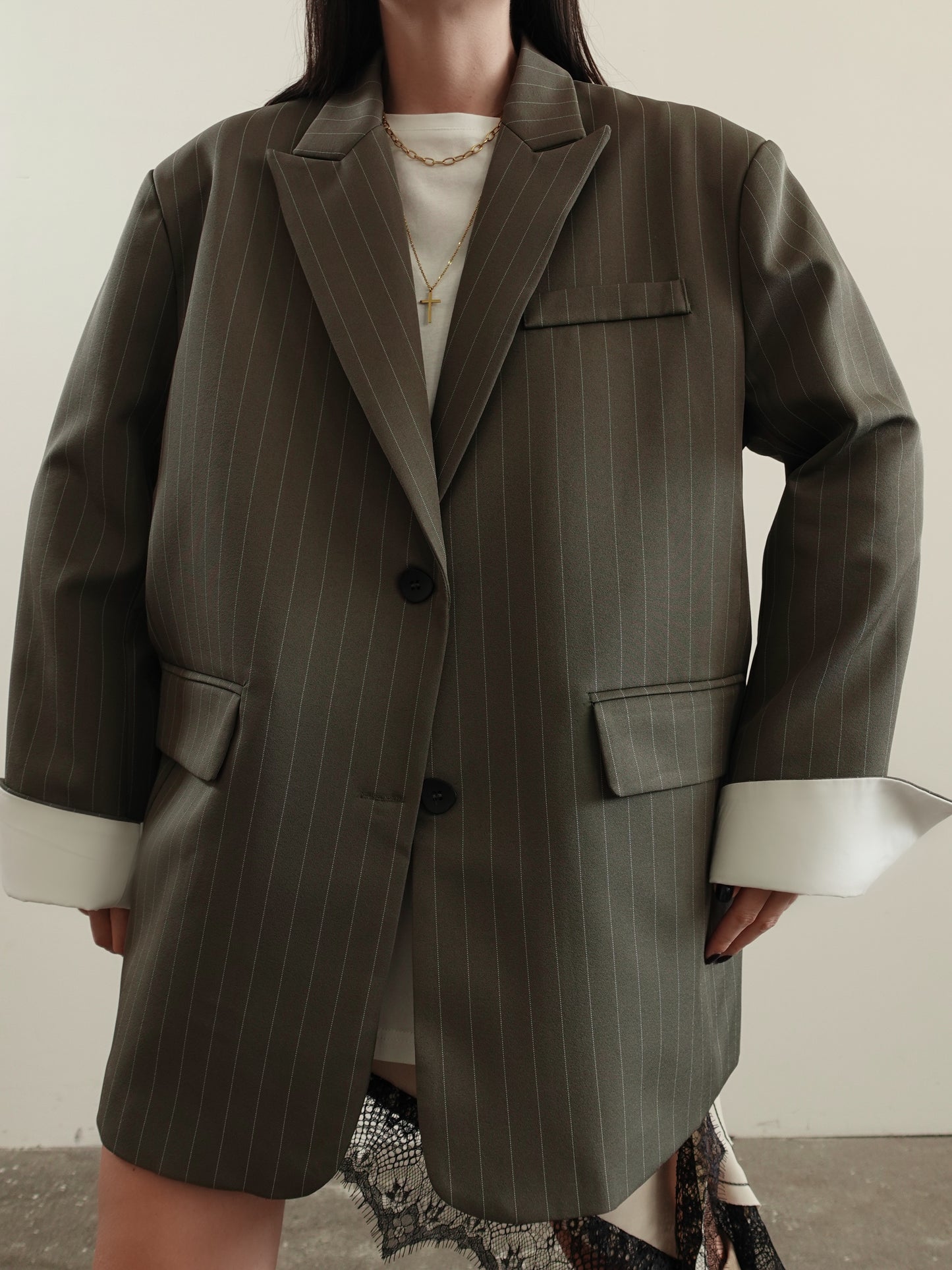 BLAZER GESSATO CON RISVOLTO A CONTRASTO - VERDE 11102