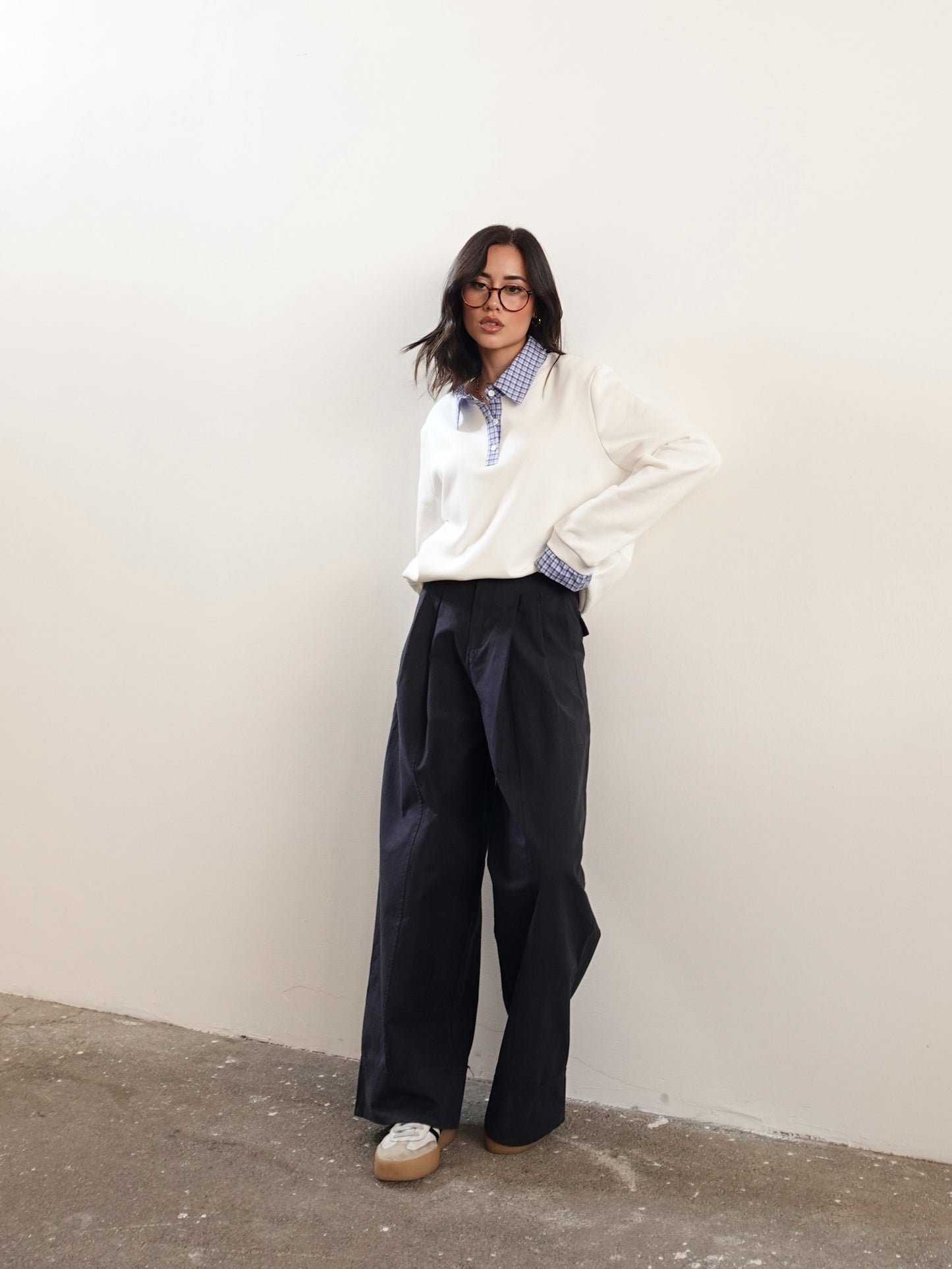 PANTALONI IN COTONE A PALAZZO CON CINTURA - BLU 14740