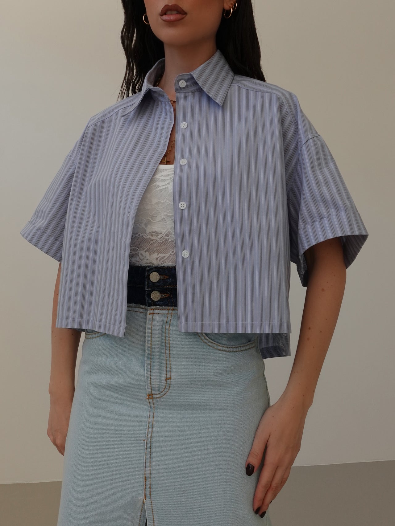 CAMICIA CROP A RIGHE - AZZURRO 81288