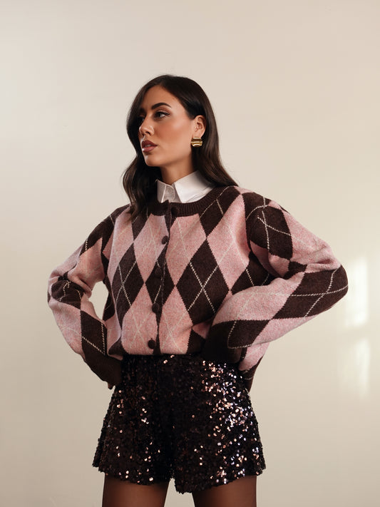 CARDIGAN IN LANA FANTASIA ROMBI - ROSA/MARRONE 8280