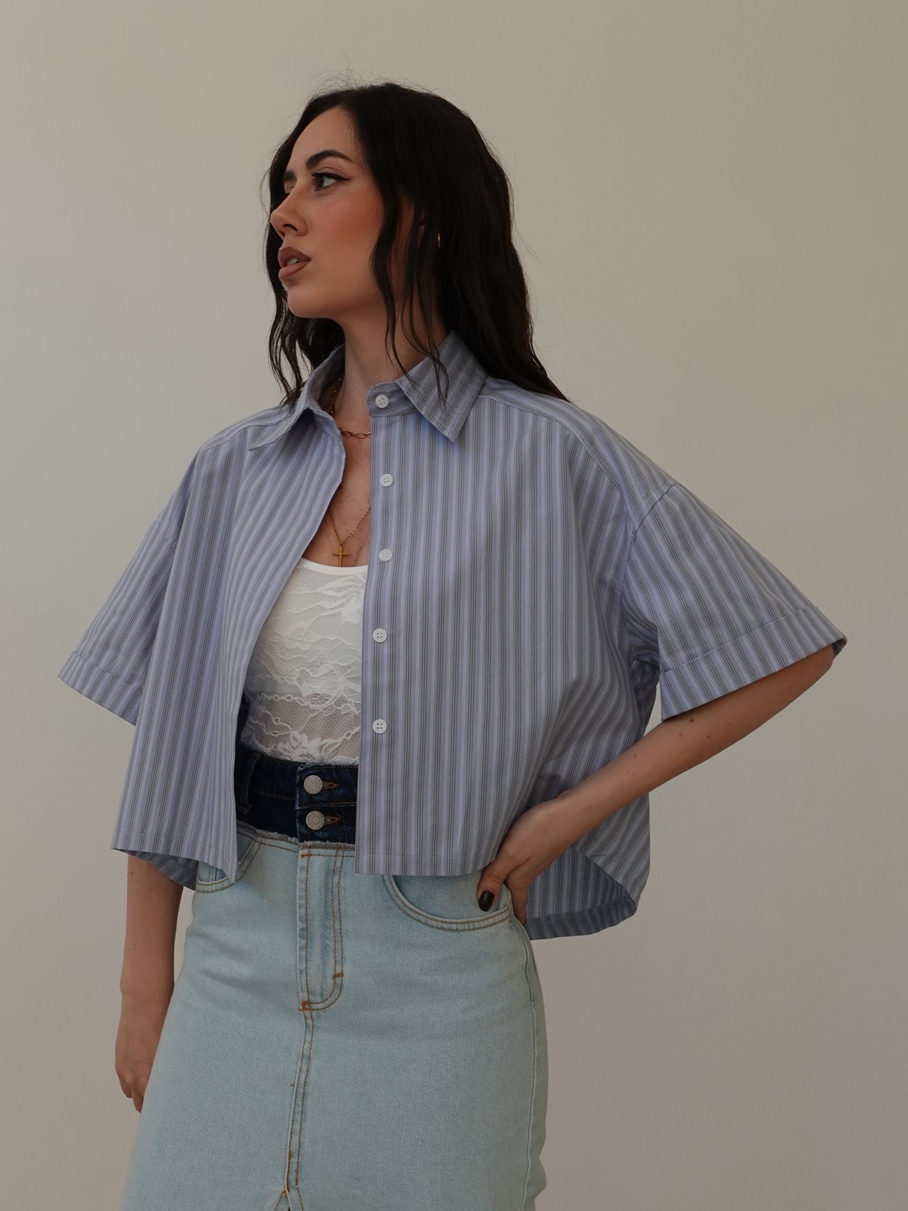 CAMICIA CROP A RIGHE - AZZURRO 81288