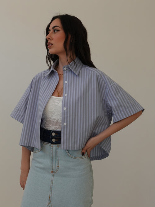 CAMICIA CROP A RIGHE - AZZURRO 81288
