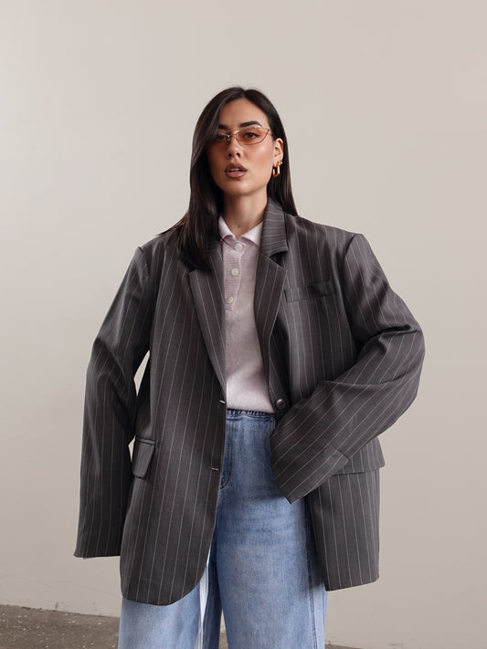 BLAZER GESSATO CON RISVOLTO A CONTRASTO - GRIGIO 3141