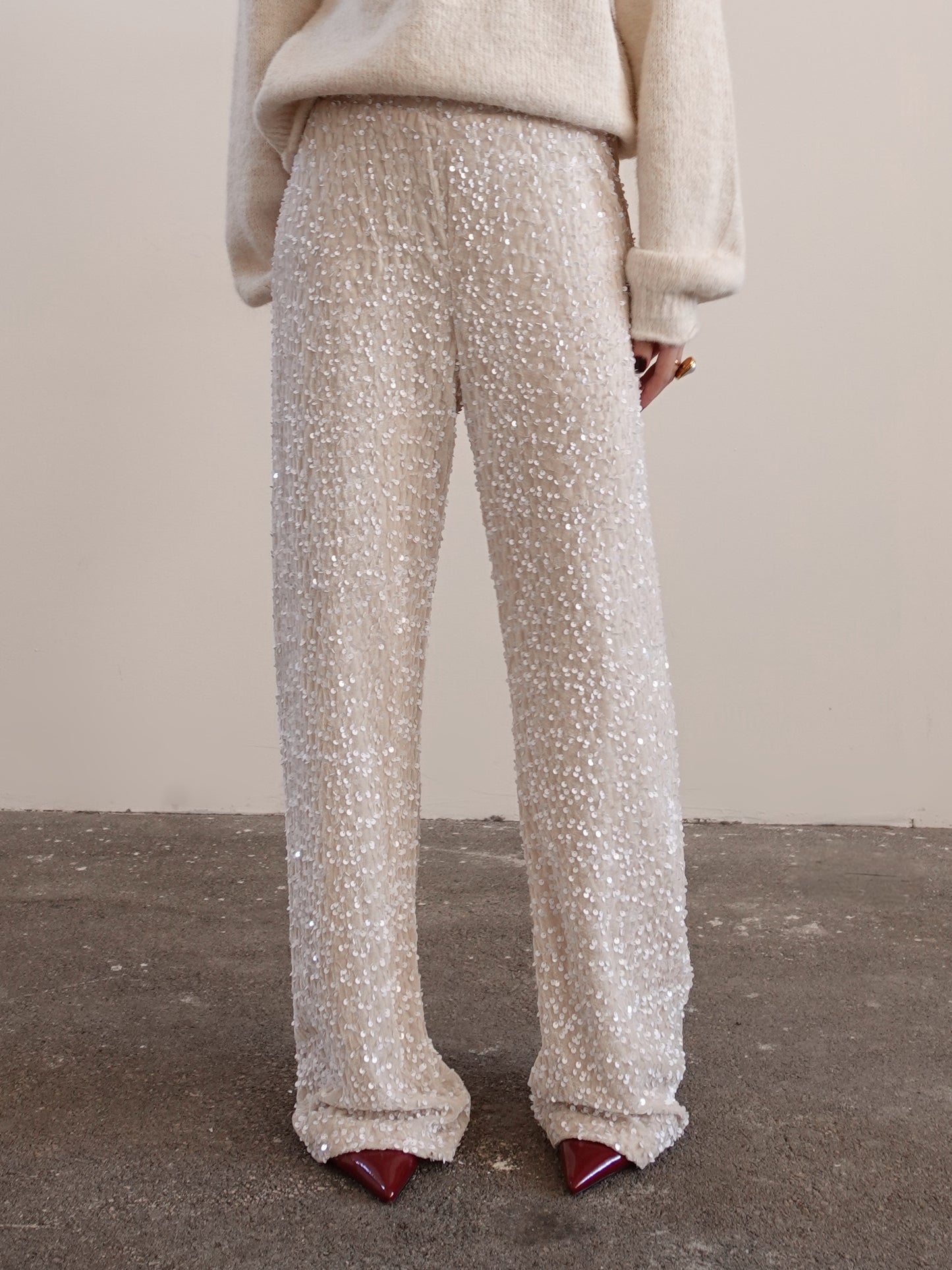 PANTALONI IN CINIGLIA CON PAILLETTES - PANNA 10460