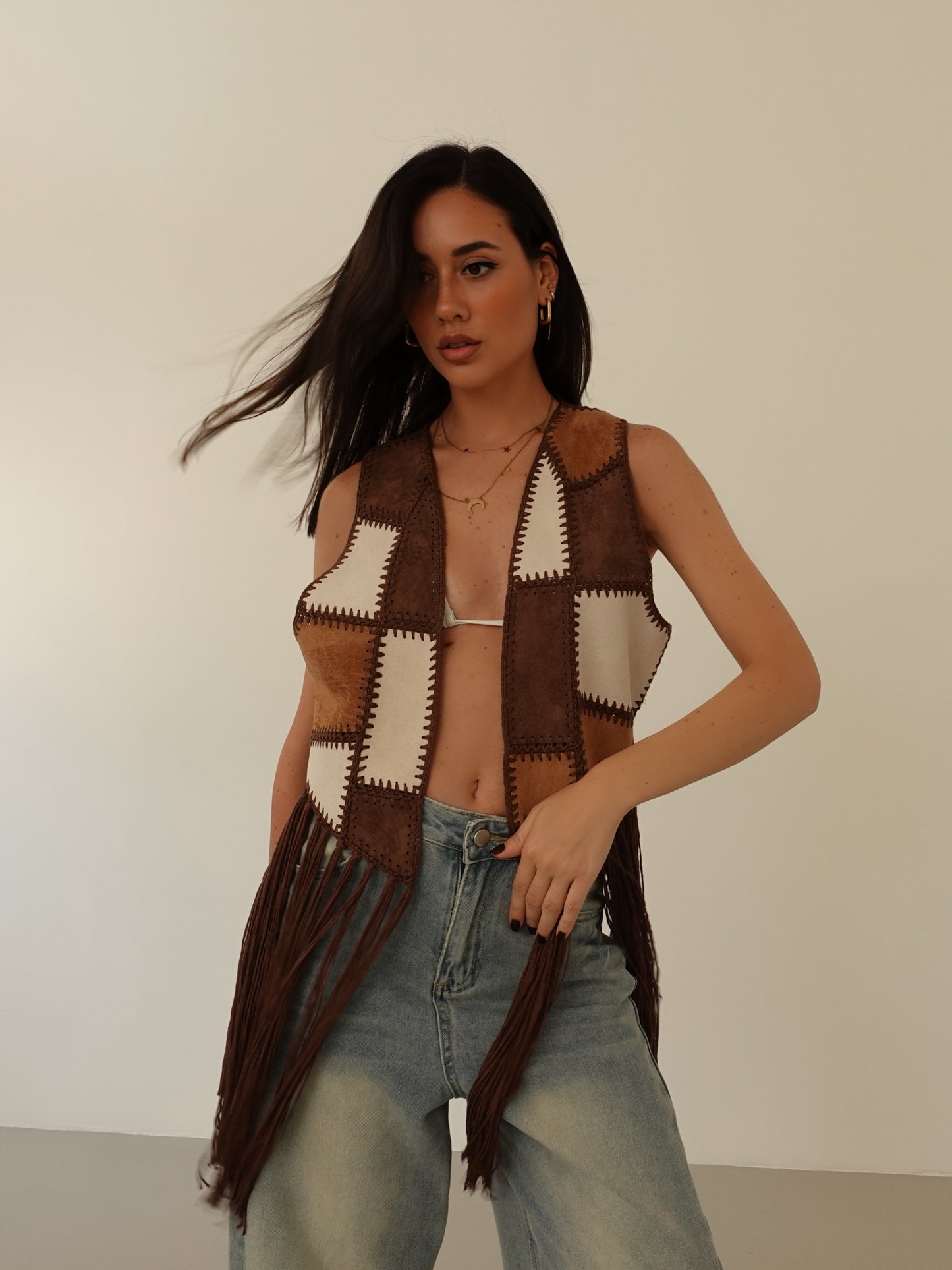 GILET TEXAS CON FRANGE - MARRONE 50111