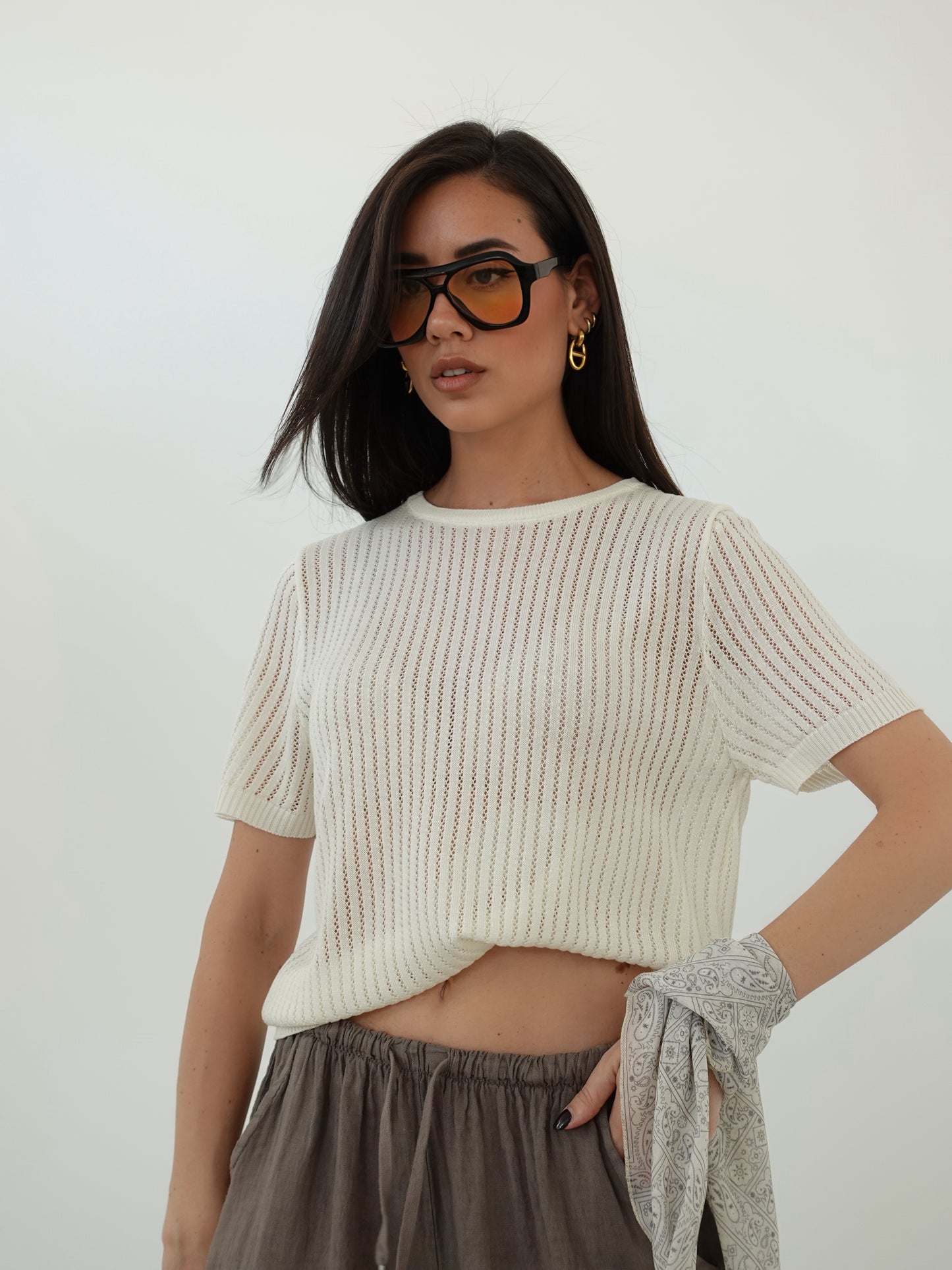 T-SHIRT IN FILO CON FOULARD - BURRO 3105