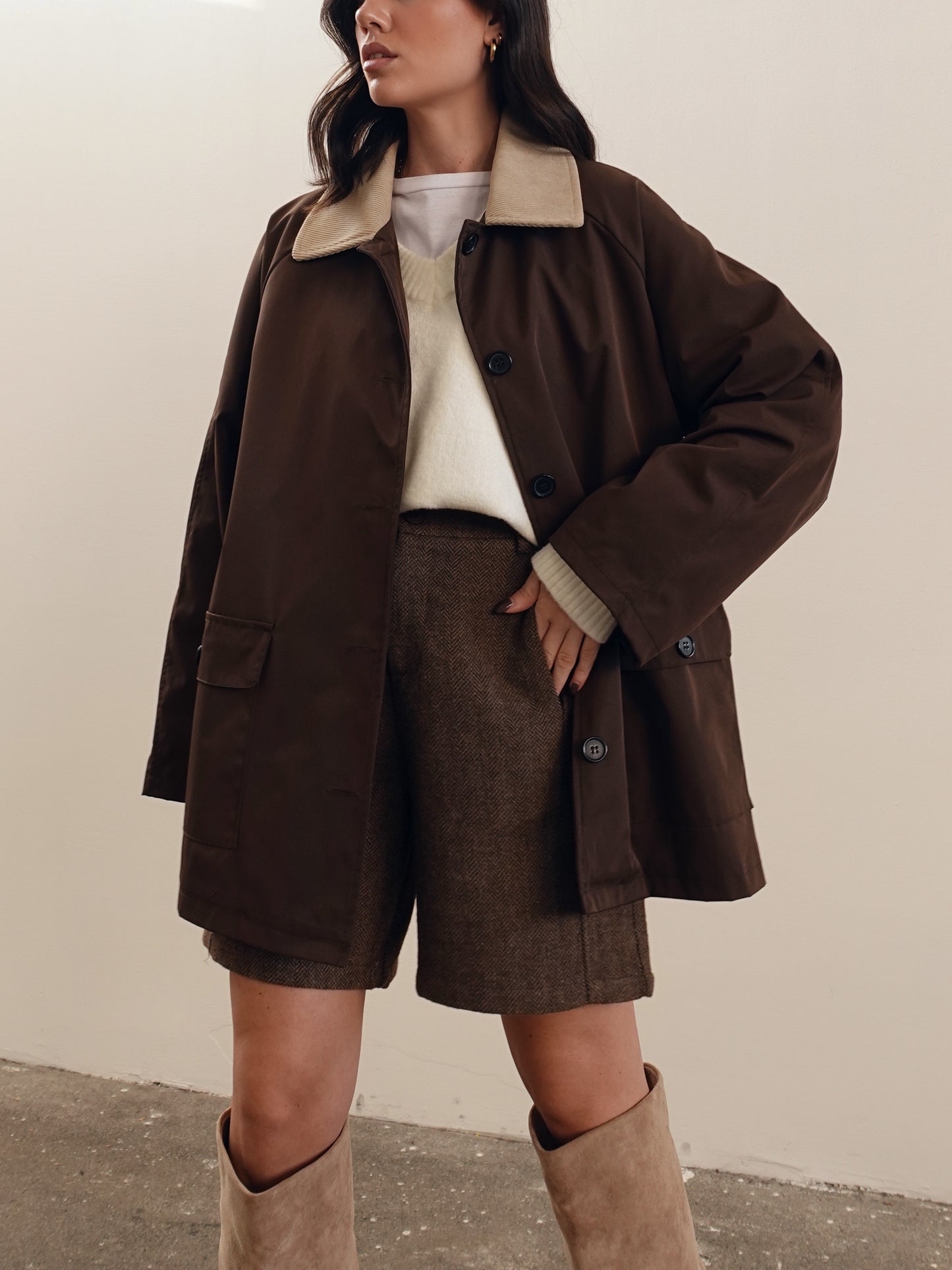 GIACCA IN TESSUTO TECNICO CON COLLETTO A COSTINE - MARRONE 6270