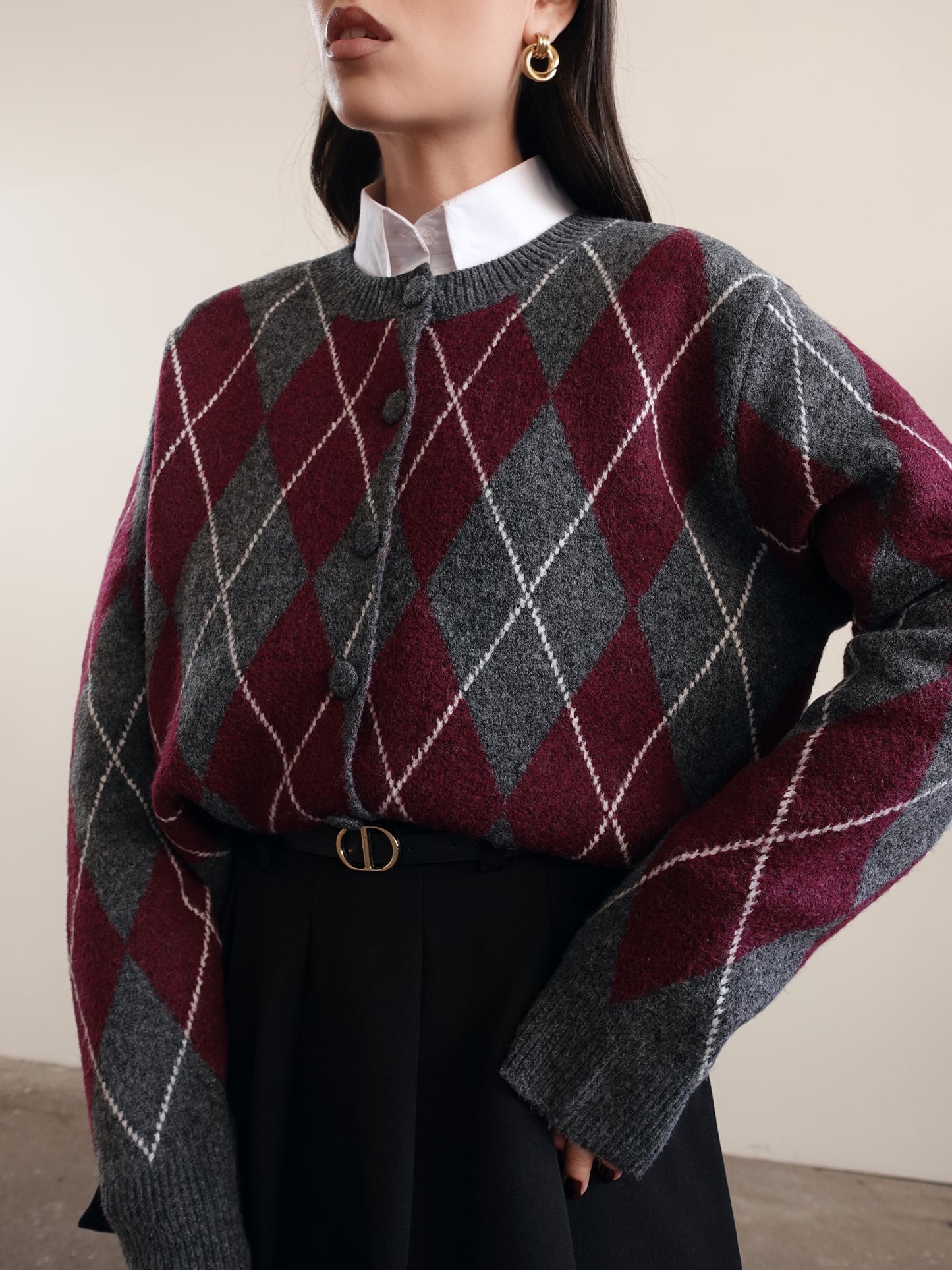 CARDIGAN IN LANA FANTASIA ROMBI - GRIGIO/WINE 8280