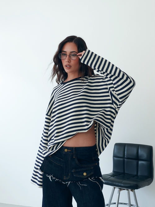 LONG-SLEEVE A RIGHE - BURRO/BLU F1109