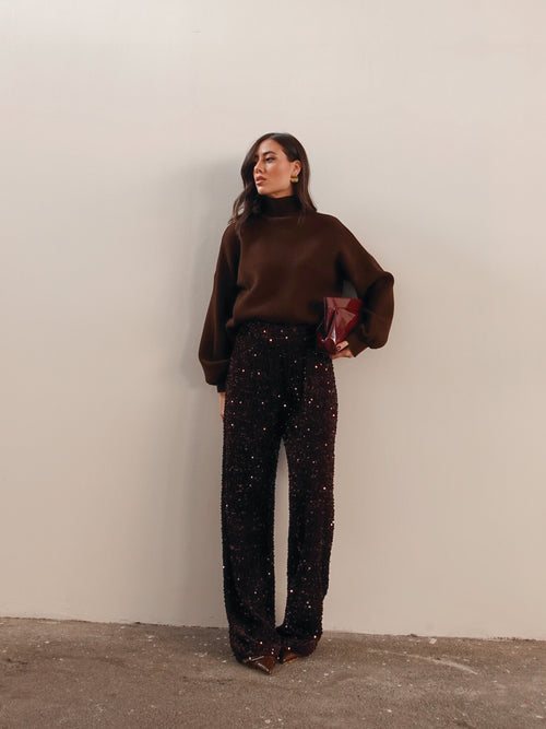 PANTALONI IN CINIGLIA CON PAILLETTES - MARRONE 10460