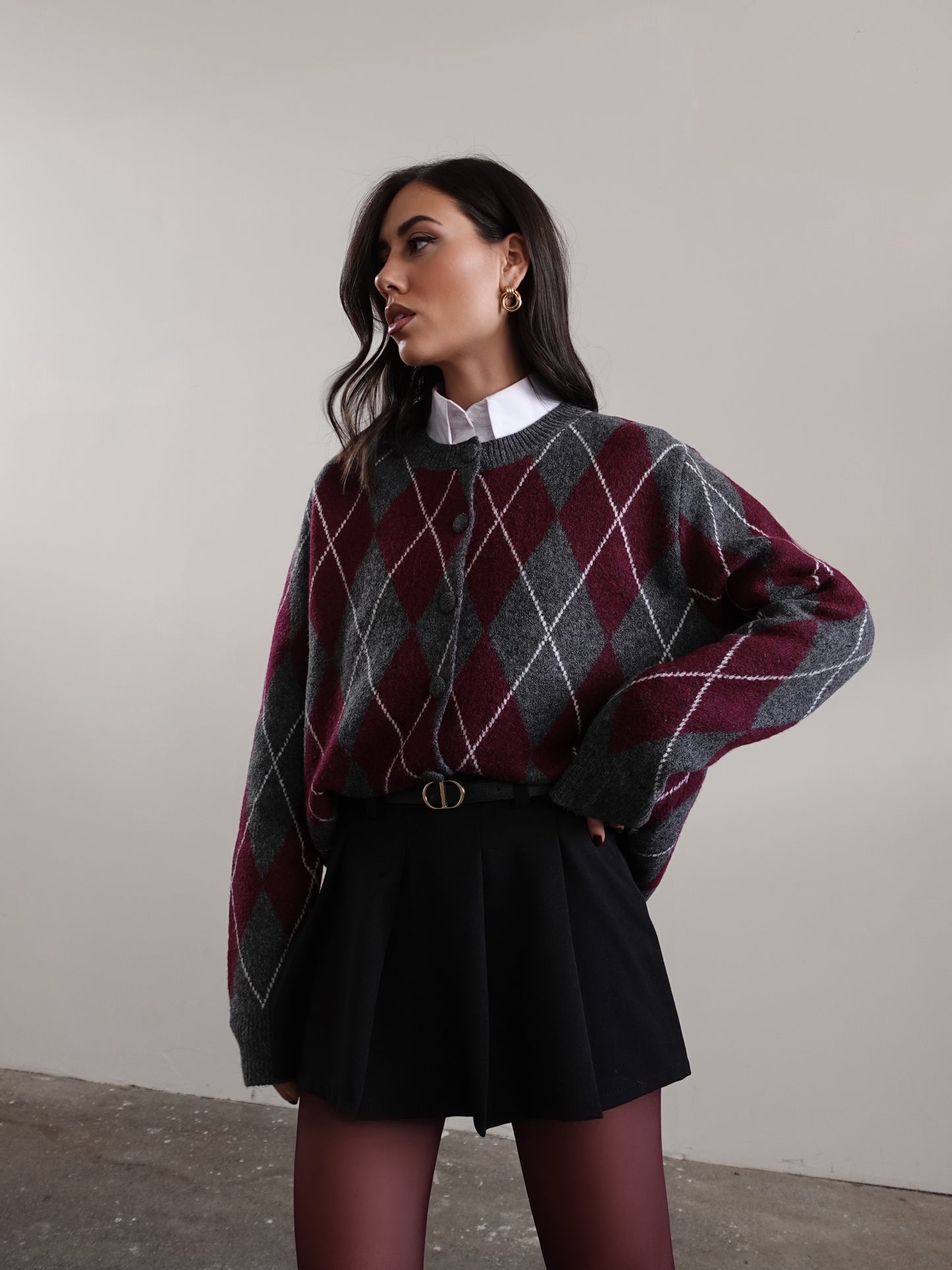 CARDIGAN IN LANA FANTASIA ROMBI - GRIGIO/WINE 8280