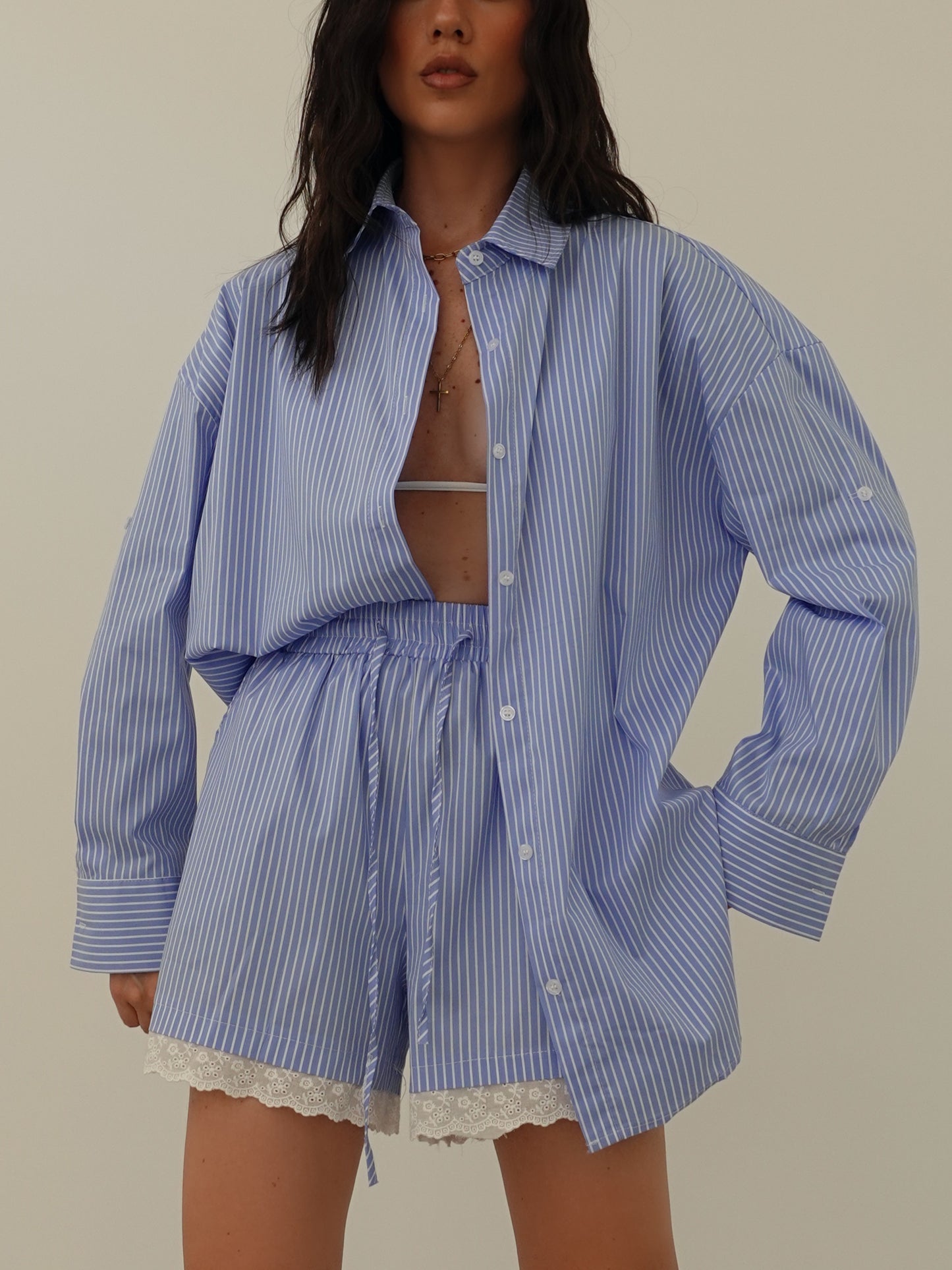 COORDINATO MILLERIGHE CON MERLETTO - AZZURRO 66716