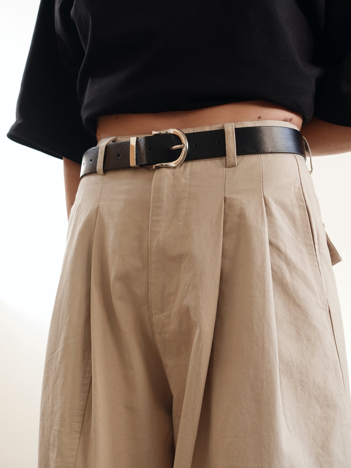 PANTALONI IN COTONE A PALAZZO CON CINTURA - BEIGE 14740