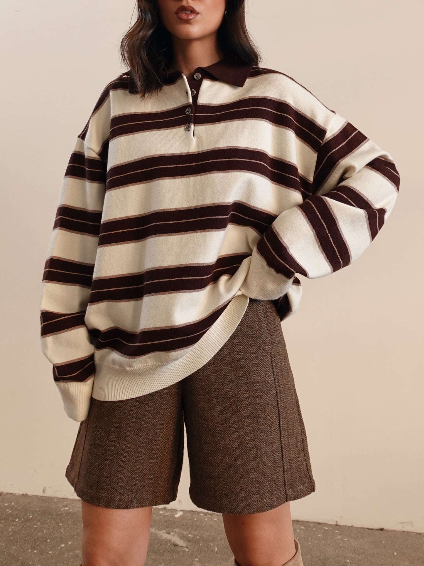 POLO IN MAGLIA OVERSIZE A RIGHE - PANNA/CAFFE' 7197-1