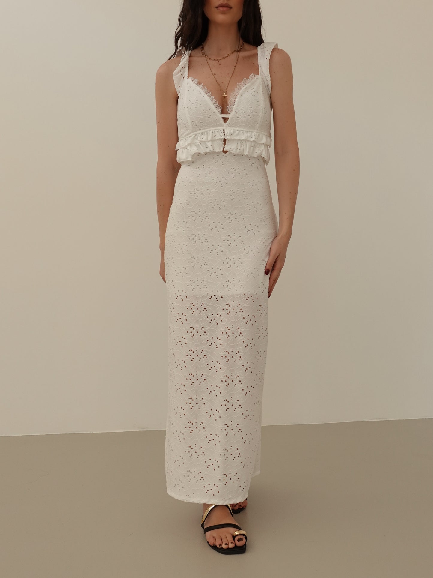 LONG DRESS IN PIZZO SANGALLO - BIANCO 1348