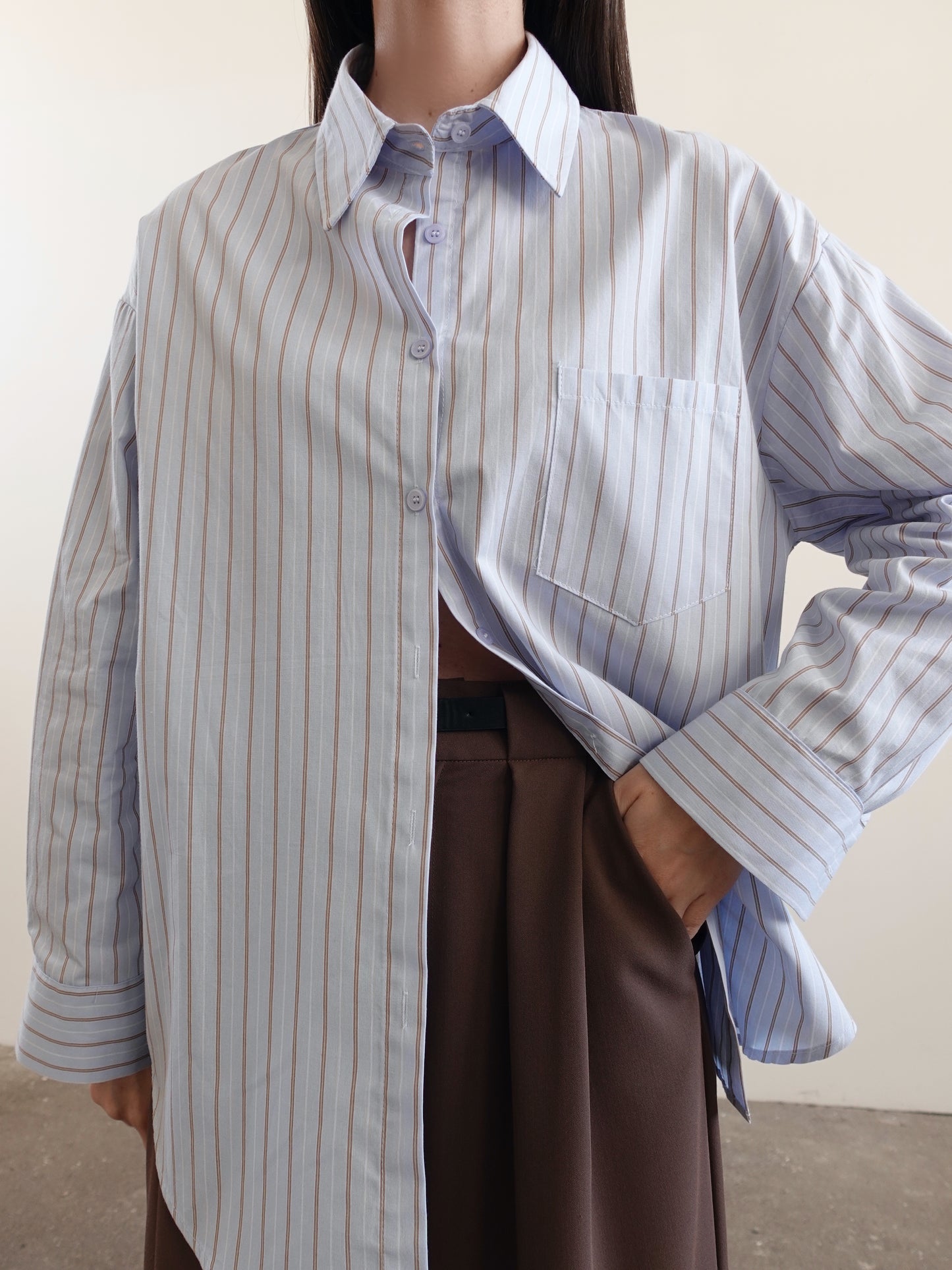 CAMICIA OVERSIZE A RIGHE - AZZURRO/CAMEL 17216