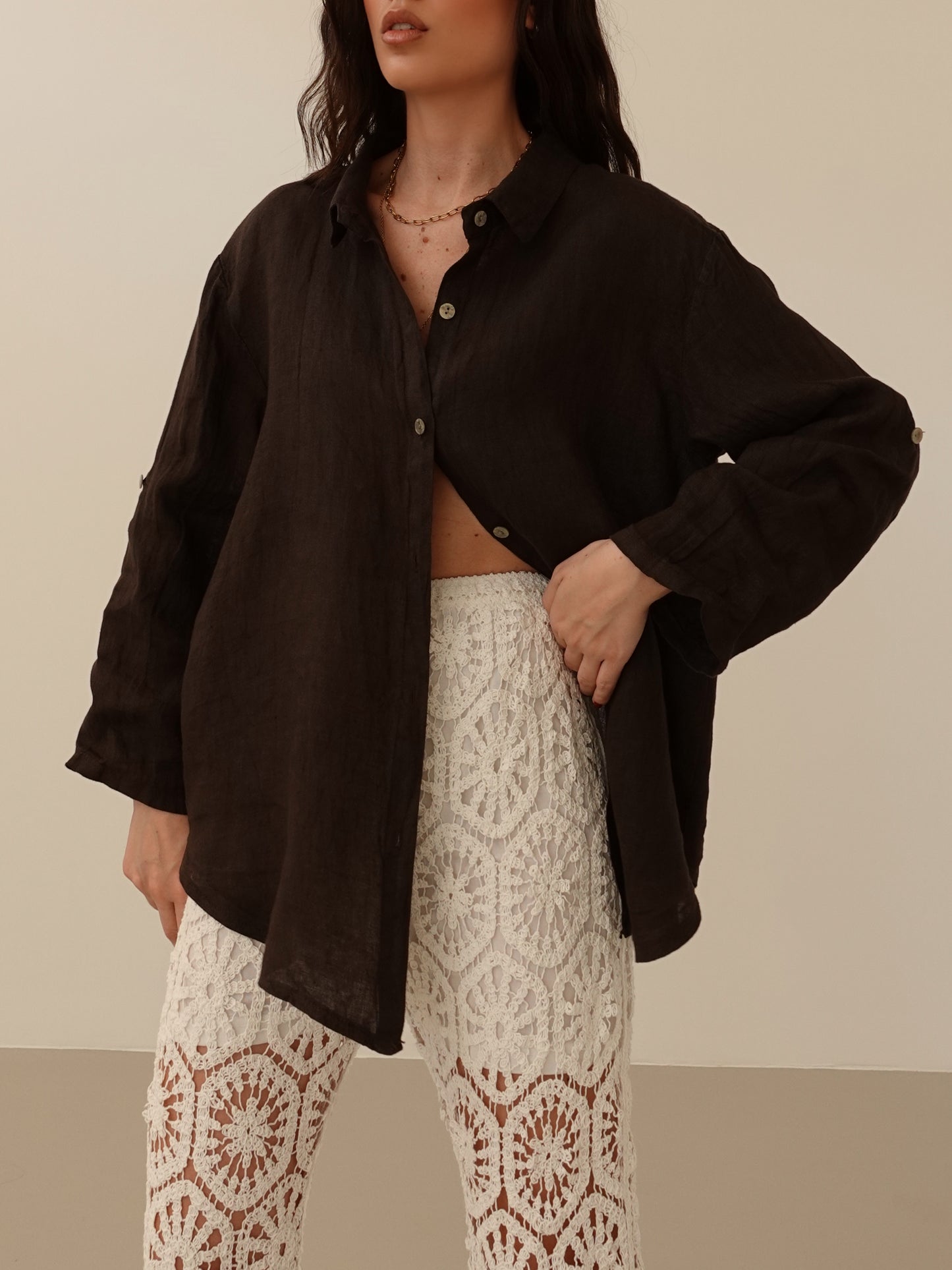 CAMICIA SAHARA 100% LINO - CIOCCOLATO 03168