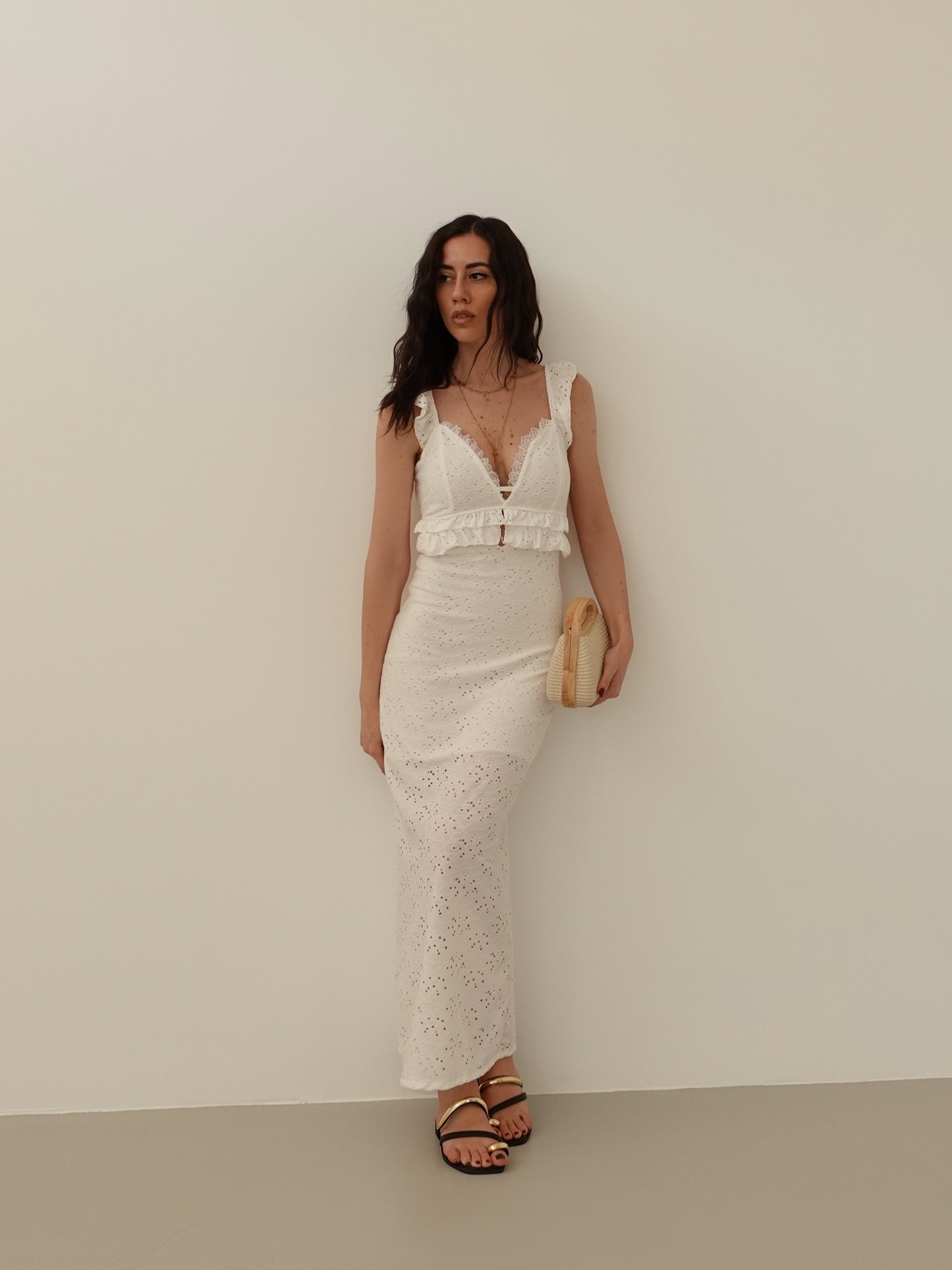 LONG DRESS IN PIZZO SANGALLO - BIANCO 1348