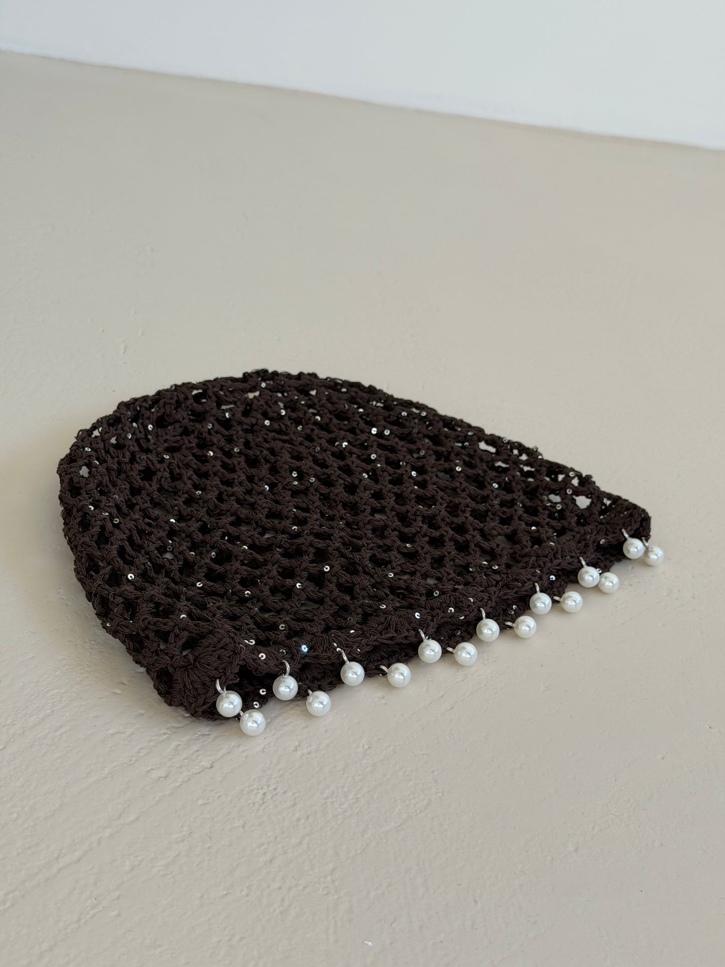 CUFFIETTA CROCHET CON PERLINE - CIOCCOLATO